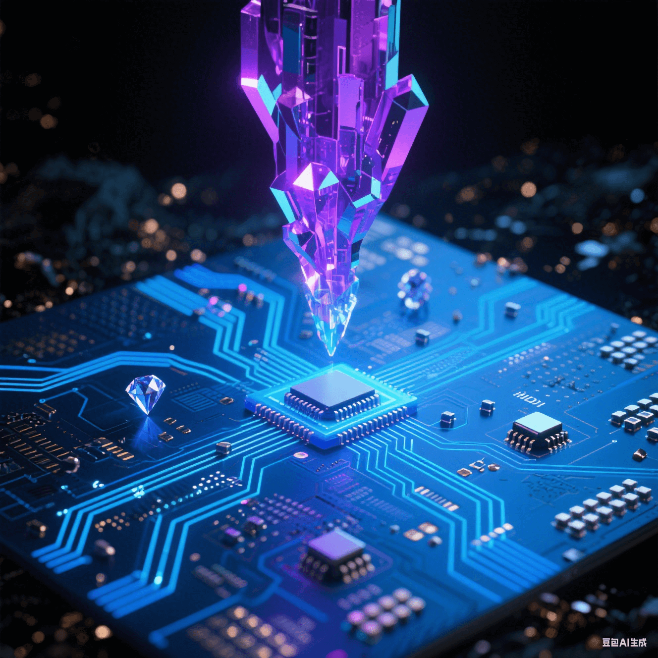 幽藍(lán)HDI基板中百萬(wàn)微孔構(gòu)成三維神經(jīng)網(wǎng)，虹彩偏光細(xì)線交織，懸浮鉆石微粒電容脈沖藍(lán)光，分形紫晶毫米波導(dǎo)結(jié)構(gòu)矗立于金屬粉塵暗背景