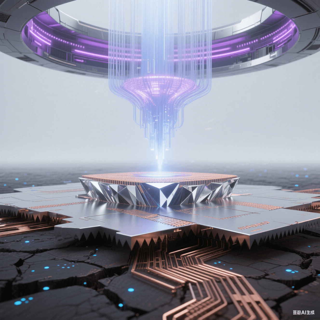 抽象科技穹頂下的技術(shù)演進(jìn)，底部傳統(tǒng)蝕刻銅線如干裂大地，中部 mSAP 銅線如精密切割水晶，頂部 EUV 光刻 3μm 銅線如懸浮納米絲，極紫外激光激發(fā)紫色等離子輝光