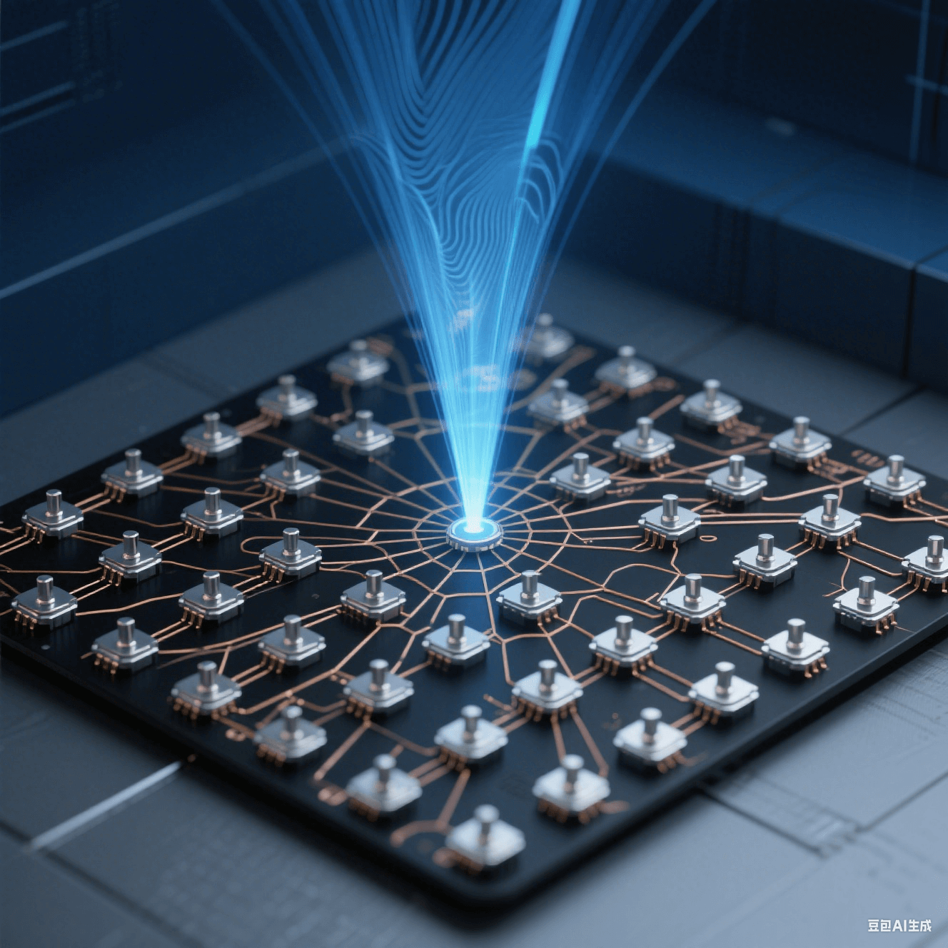 俯視視角的 5G 基站陣列，256 個(gè)銀色金屬觸點(diǎn)呈蜂巢矩陣排布，微米級(jí)銅線交織，漸變藍(lán)光束狀毫米波信號(hào)形成干涉波紋，背景深空藍(lán)與霧灰色模擬信號(hào)穿墻衰減