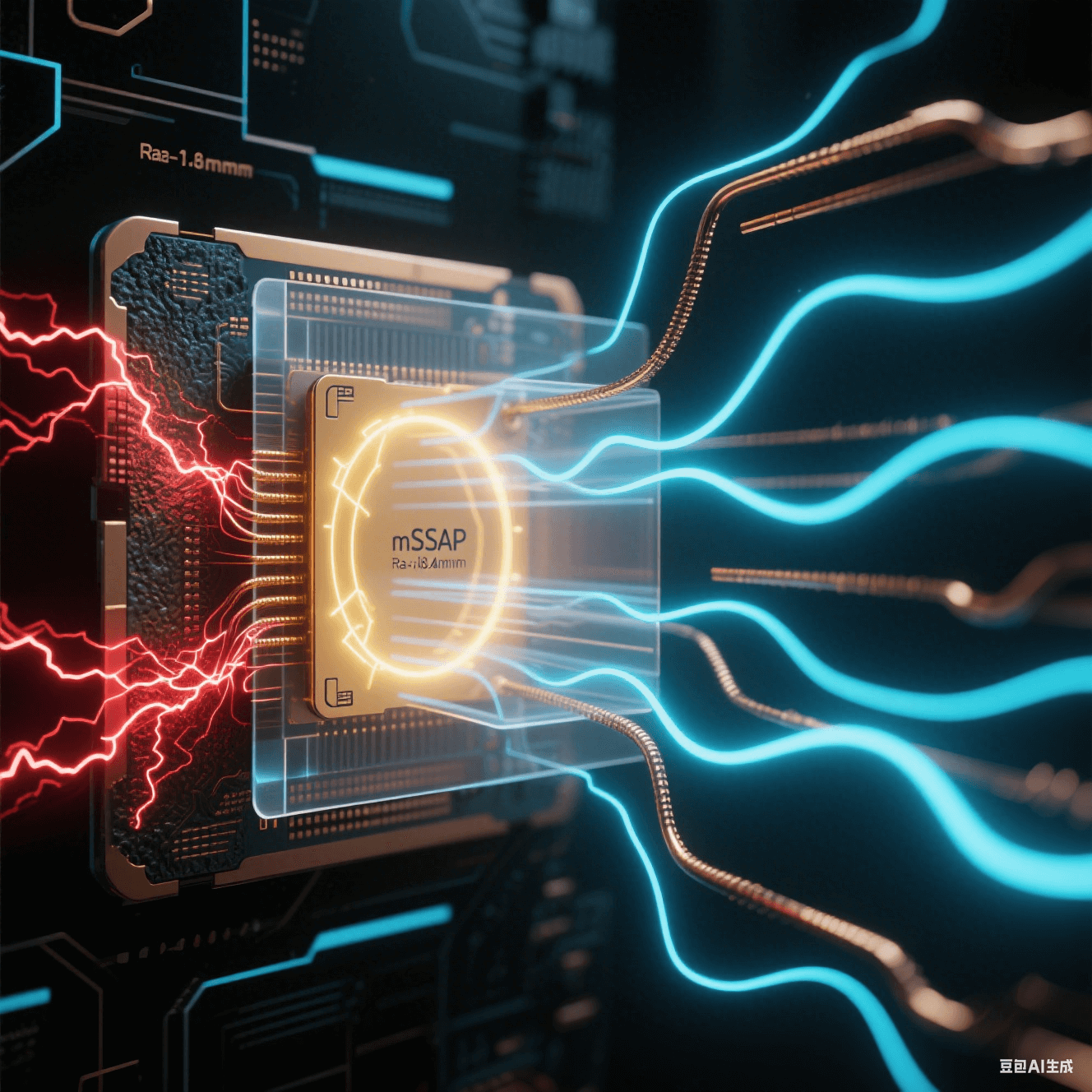 暗黑空間中高頻信號(hào)傳輸對(duì)比，左側(cè)粗糙銅線（Ra>1.8μm）電流紊亂如紅色閃電，右側(cè) mSAP 光滑銅線（Ra<0.4μm）電流均勻如藍(lán)色絲綢，金色電磁波束穿透透明介質(zhì)