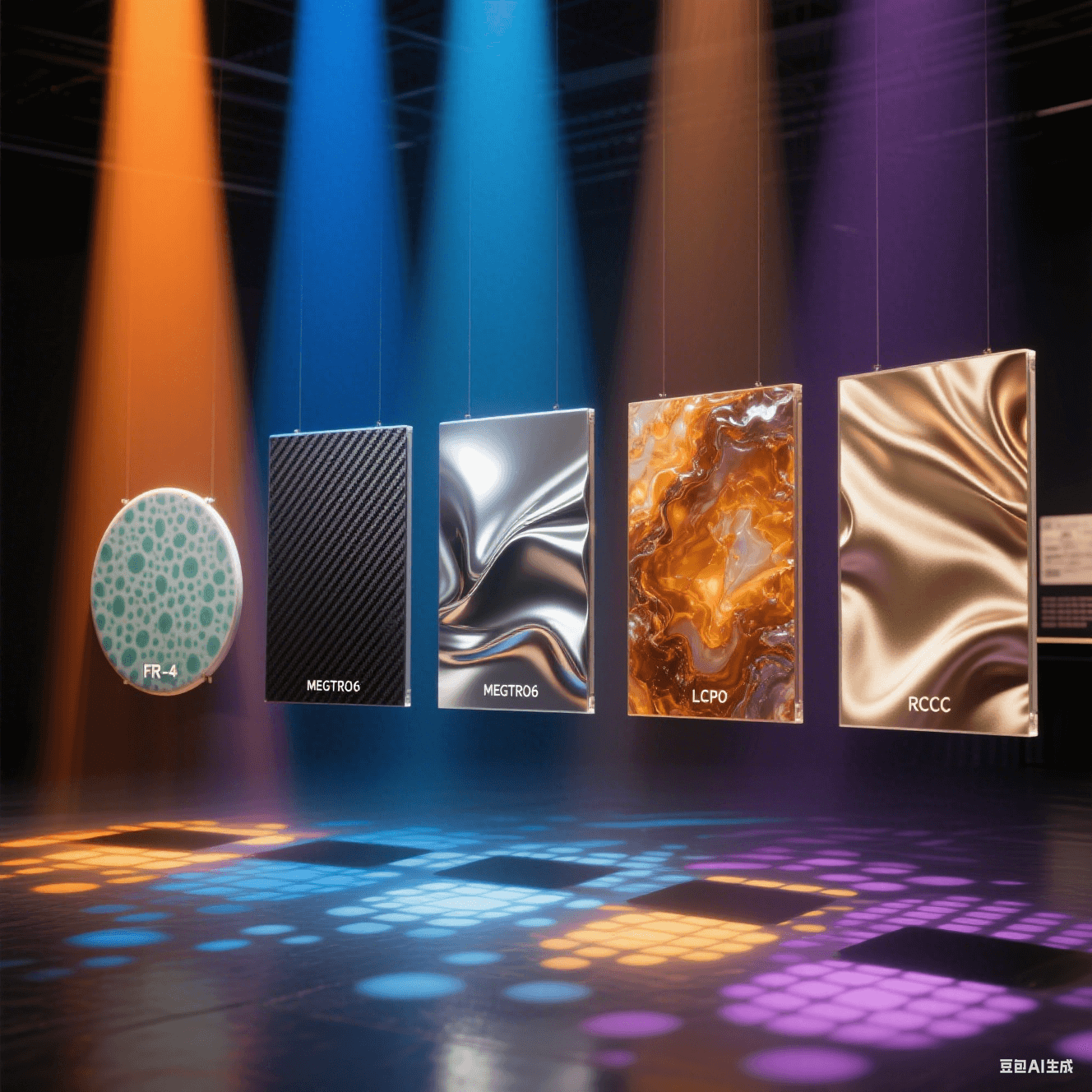 斑駁青瓷紋/碳纖紋/液態(tài)金屬/琥珀瑪瑙紋/絲綢褶皺肌理，被橙藍(lán)金銀紫光束穿透，地面投影各異光斑形態(tài)