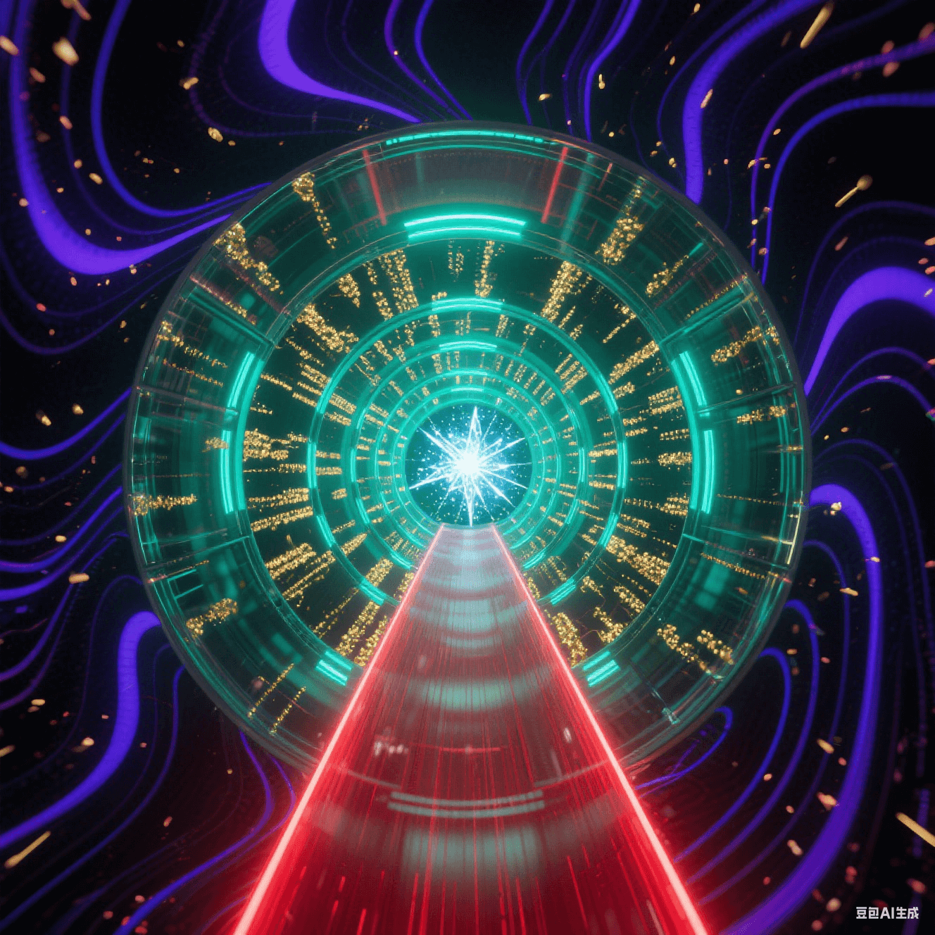 透明隧道壁嵌自旋金粒子陣列，外部紫黑波紋撞擊濺射靛藍(lán)漣漪，中央猩紅光束直線疾馳，壁面折射無限延伸的熒光綠遞歸結(jié)構(gòu)