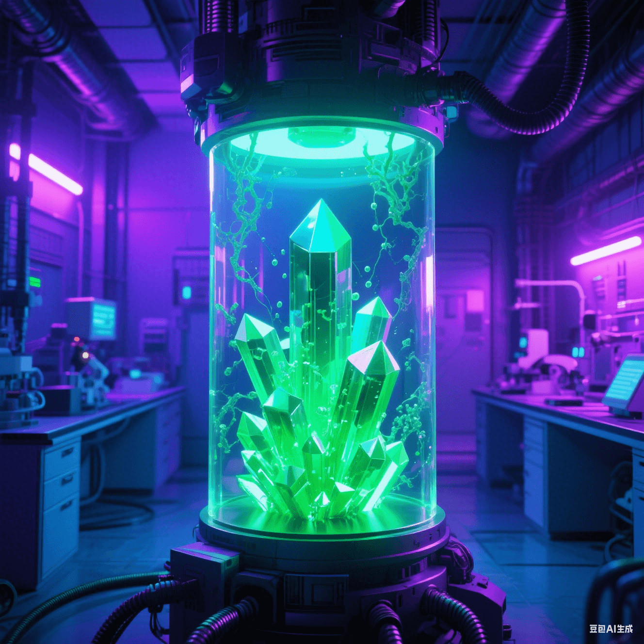 無(wú)鹵阻燃實(shí)驗(yàn)室：磷氮化合物晶體（熒光綠棱柱）在透明樹(shù)脂內(nèi)生長(zhǎng)蔓延