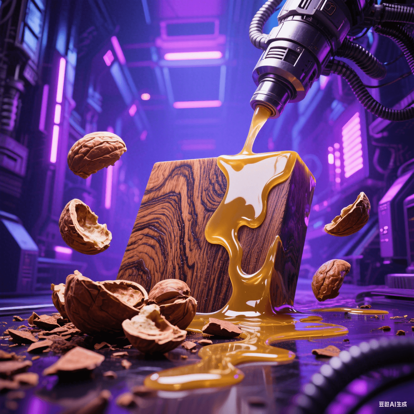 生物基樹(shù)脂合成：腰果殼原料（棕褐色有機(jī)碎片）融入金色液態(tài)樹(shù)脂，木紋肌理與環(huán)氧流光交融