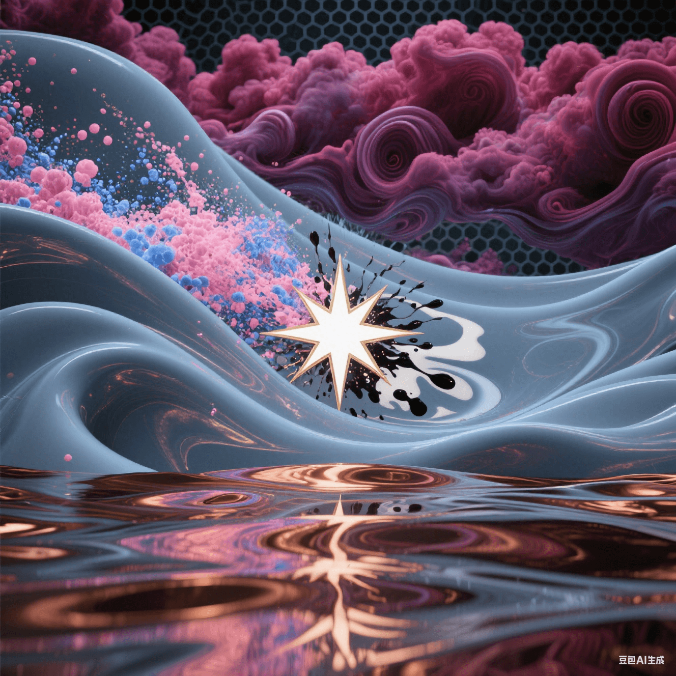 多層青灰介質(zhì)邊界涌出紫紅渦旋云，櫻色與鈷藍(lán)粒子流碰撞炸裂白金星芒，干擾波紋如墨染牛奶，底部銅箔倒影扭曲變形