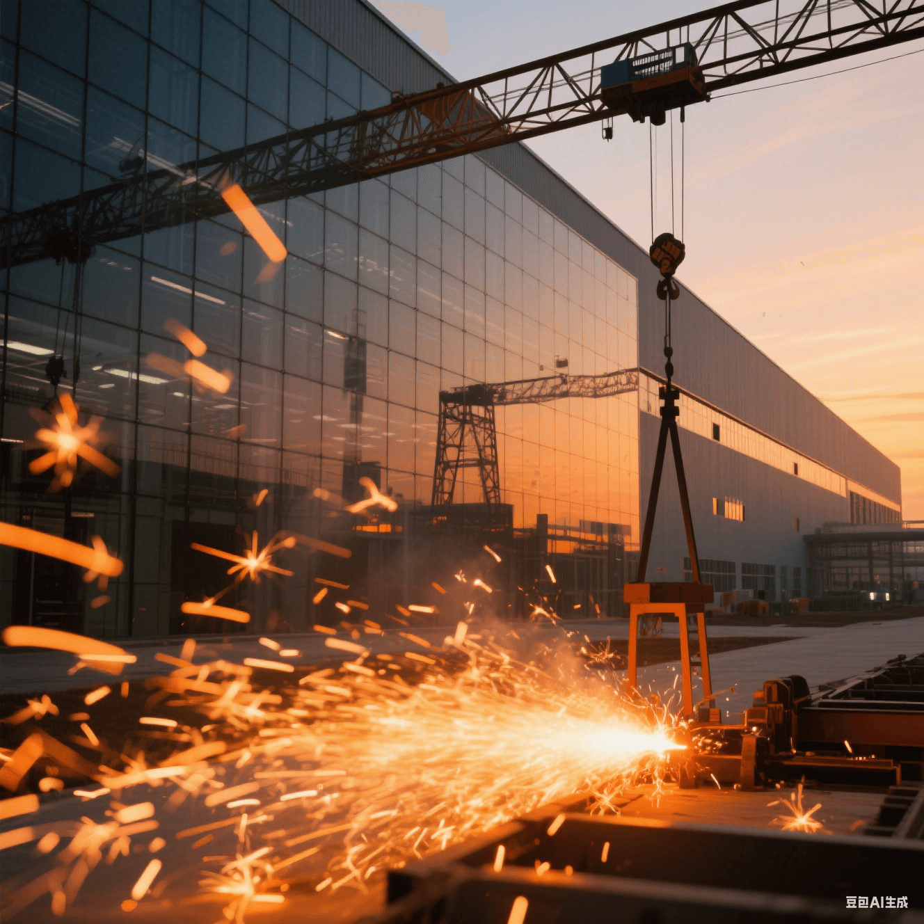 晶圓廠全景，玻璃幕墻映出擴產基地輪廓，吊車剪影與橙色焊光交錯