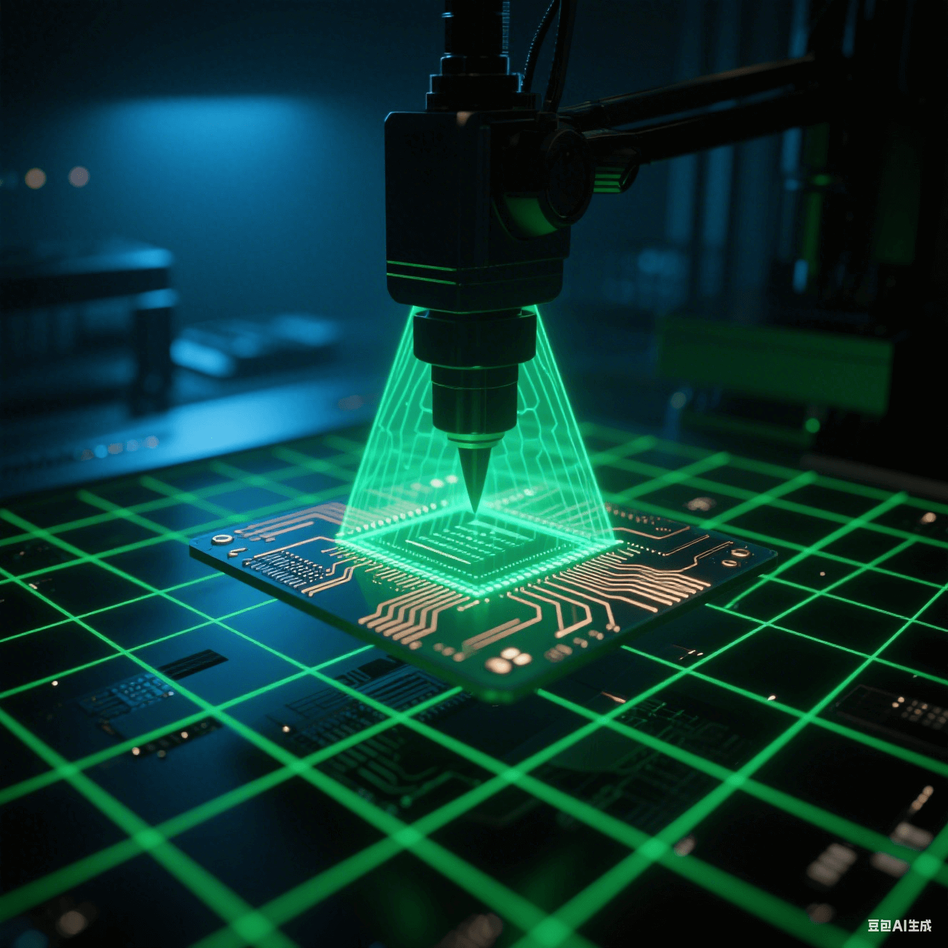 綠色激光網(wǎng)格掃描過(guò)懸浮的基板，在銅線路上折射出細(xì)密光網(wǎng)。X射線穿透基板形成內(nèi)部結(jié)構(gòu)的翡翠色透視光影，檢測(cè)探頭投射銳利三角陰影，背景彌漫電子藍(lán)霧光。