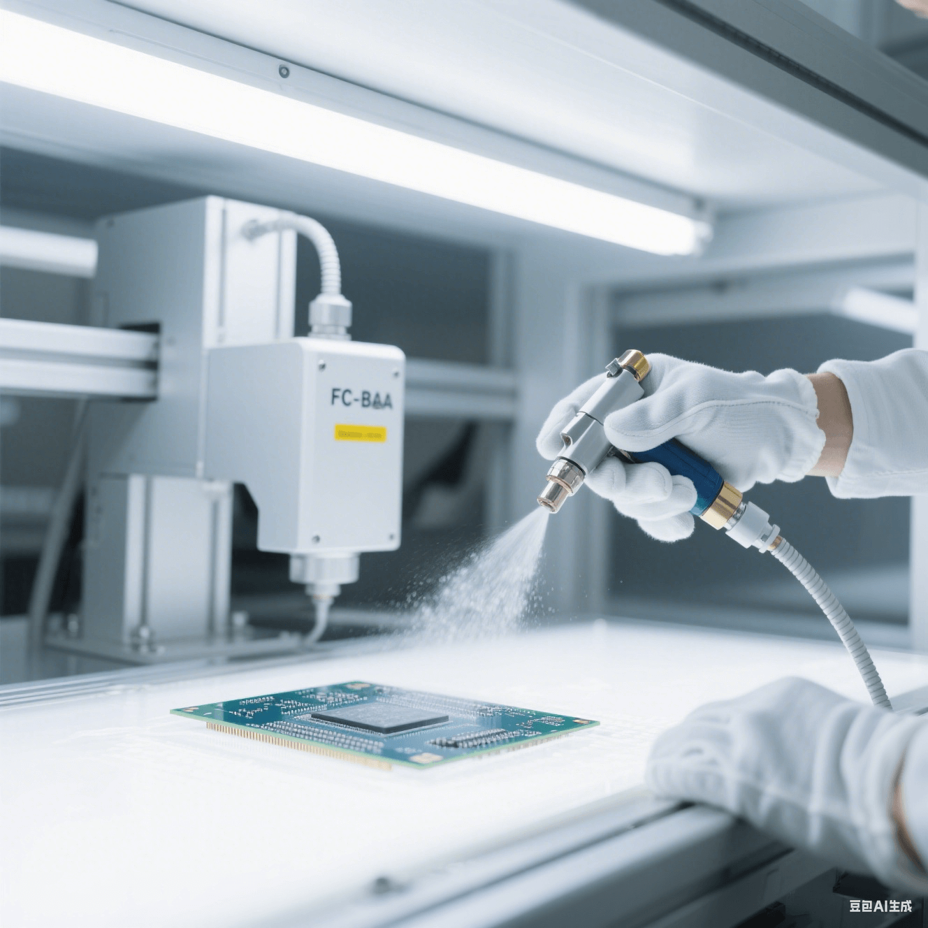 納米級清潔處理中的 FC-BGA 基板：基板置于超凈工作臺，清潔設備噴頭噴出細小液霧，工作人員戴專業(yè)手套操作，場景在白色潔凈燈光下，凸顯精細專業(yè)的清潔氛圍。