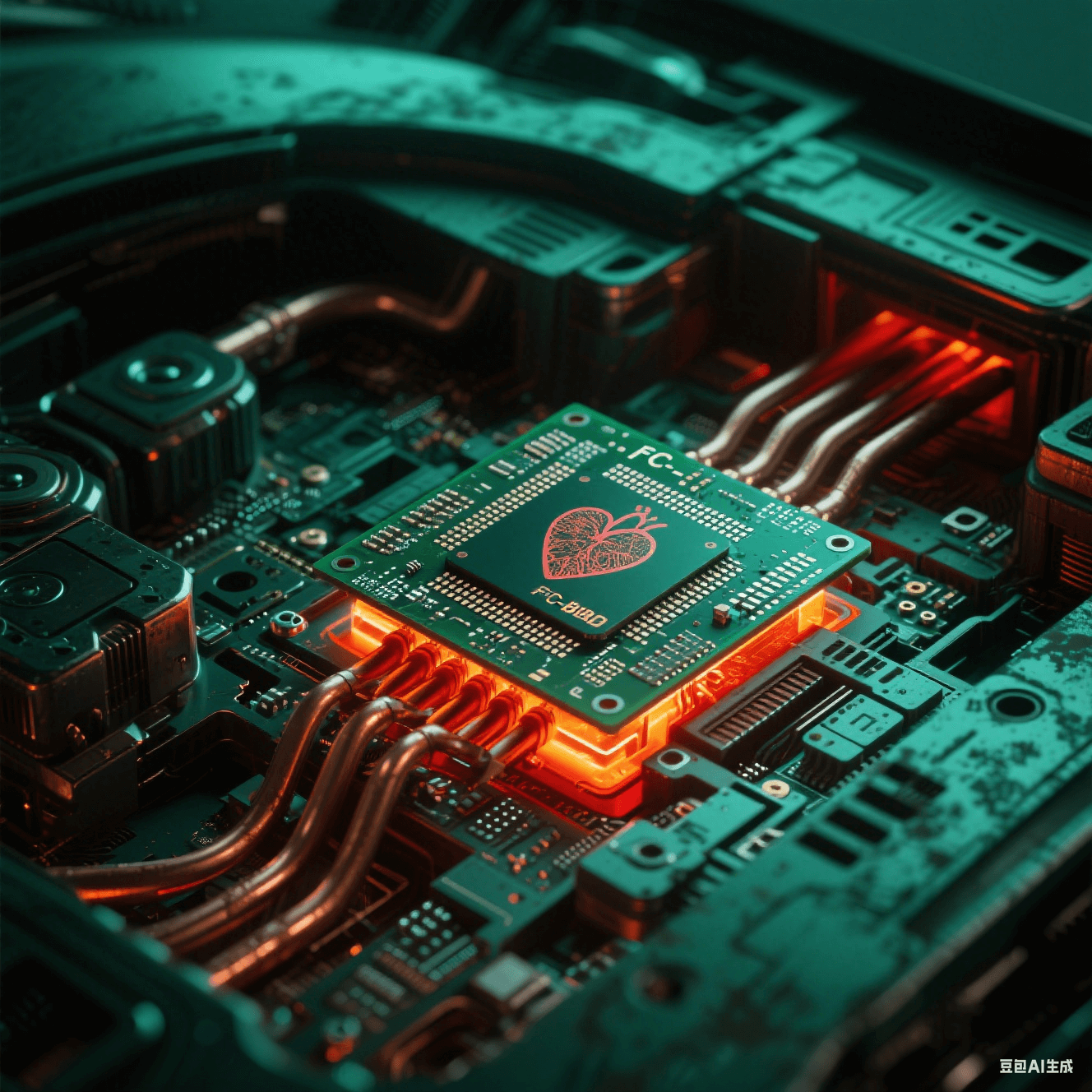智能汽車電子艙透視視角，FC-BGA基板如心臟跳動，散熱銅管泛紅橙光暈
