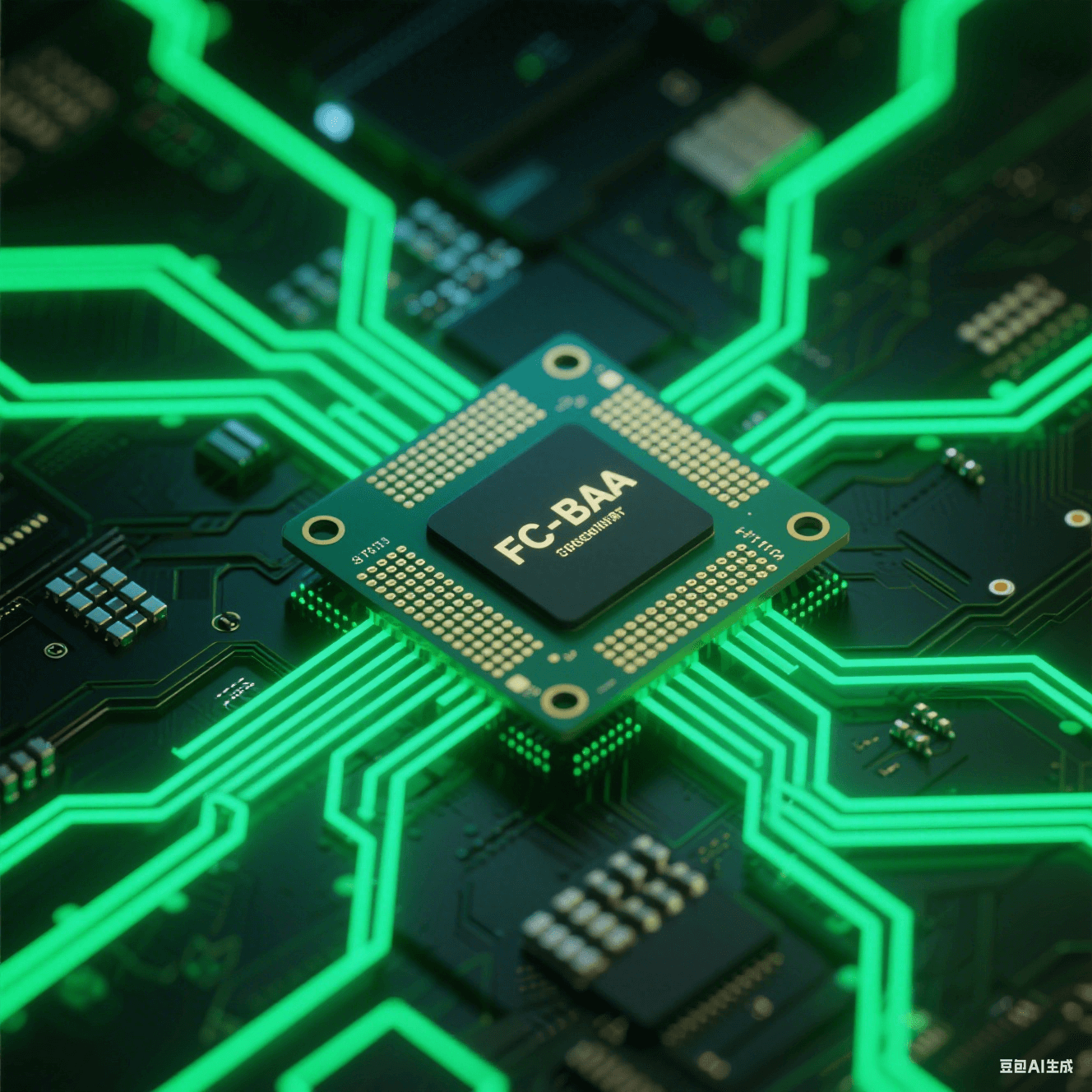 FC-BGA 基板與新型電路板集成特寫：兩者緊密連接，線路交錯有序，新型電路板外觀獨特，在綠色科技光線下，展現(xiàn)集成的創(chuàng)新性與科技感。