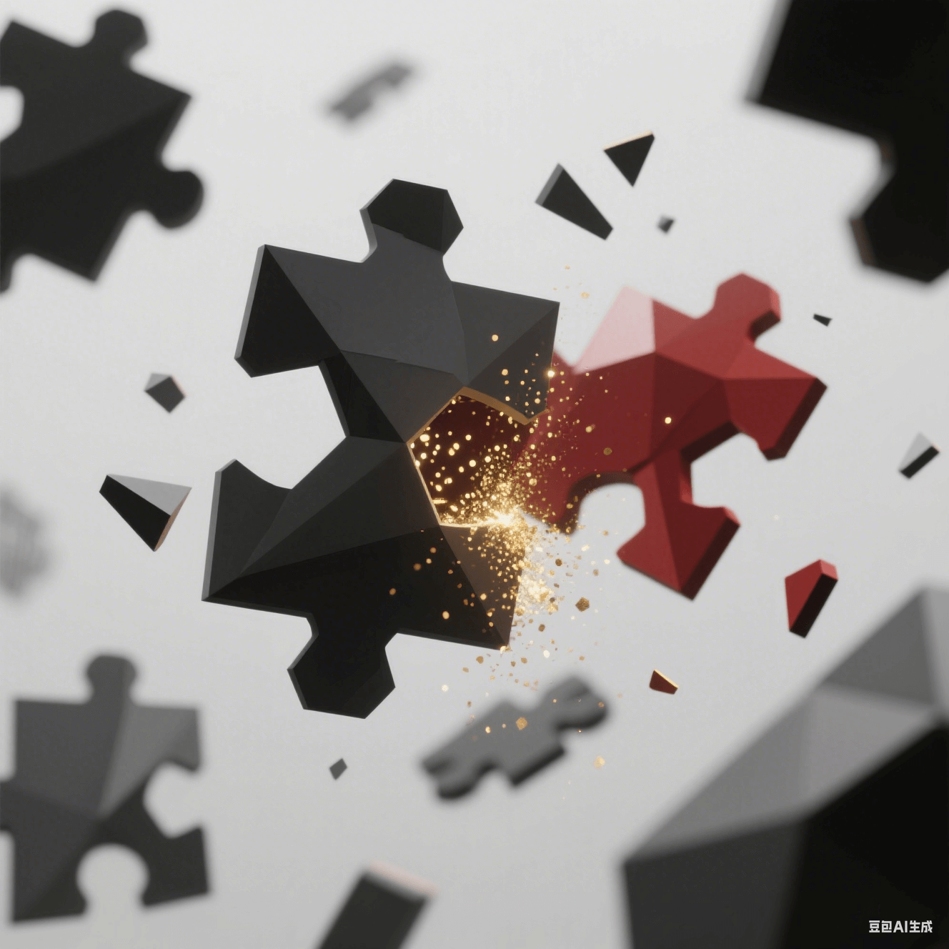 拼圖碎片懸浮空中，日系灰黑拼塊與中式朱紅拼塊碰撞，迸發(fā)金色粒子