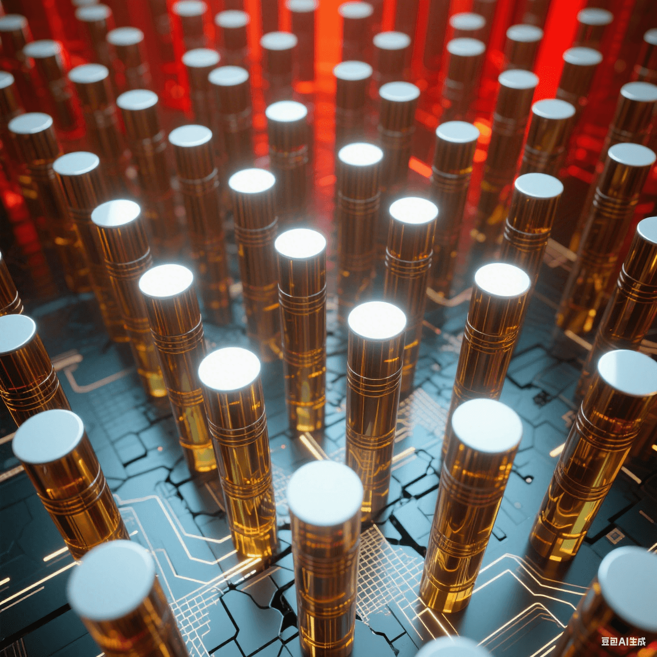 數(shù)百根青銅色圓柱從透明琥珀基材中破壁而出，柱頂平面反射環(huán)境光形成白色高光點(diǎn)。柱體側(cè)壁有精密車削紋理，背景虛化為熾紅色熱成像色塊，底部隱約透出網(wǎng)狀電路熒光。