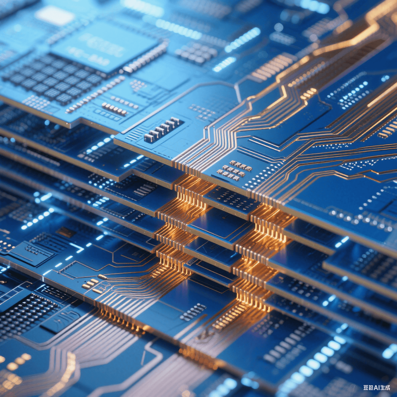 FC-BGA基板拋光剖面放大圖，呈現(xiàn)數(shù)十層藍(lán)金色交替的平行線路。絕緣層如深海藍(lán)寶石，銅線路如熔金河流，微孔通道貫穿層間形成垂直光柱。整體散發(fā)科幻感冷白光，邊緣有精密切割反光。