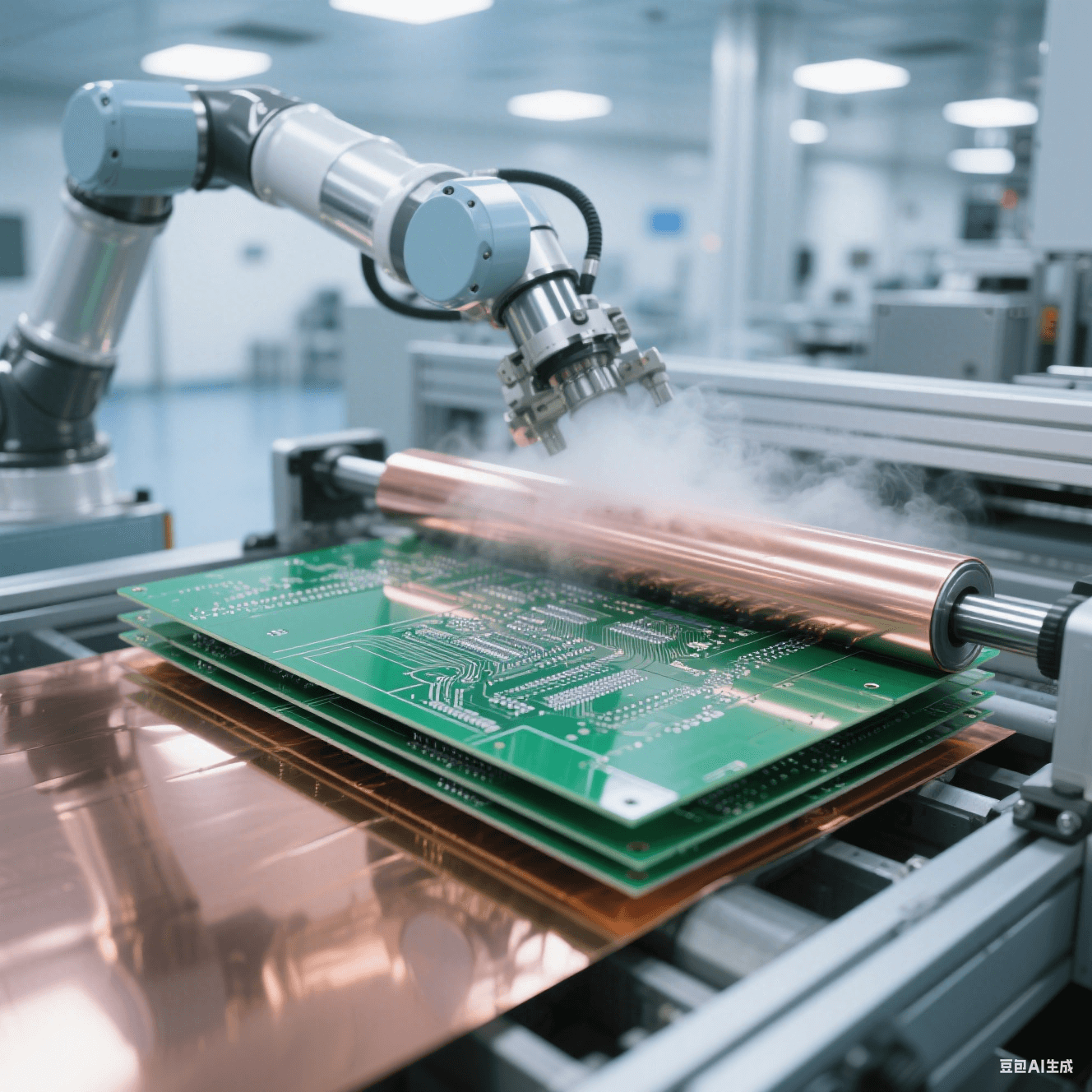 無塵車間機械臂壓合電路板：翡翠綠基板與古銅色銅箔在金屬輥壓力下融合，虹彩反光流動于表面，藍灰工業(yè)色調中突出鏡面接觸細節(jié)