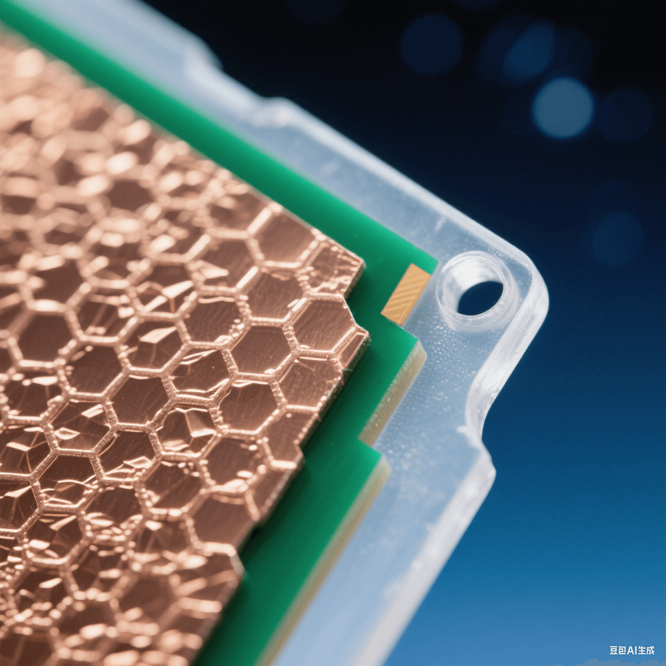 無鹵素基板銅箔結合界面微觀特寫：淺金色銅晶體與深綠色樹脂形成蜂巢結構，冷金屬光澤與啞光聚合物對比，頂光下銀白光暈穿透半透明磨砂層