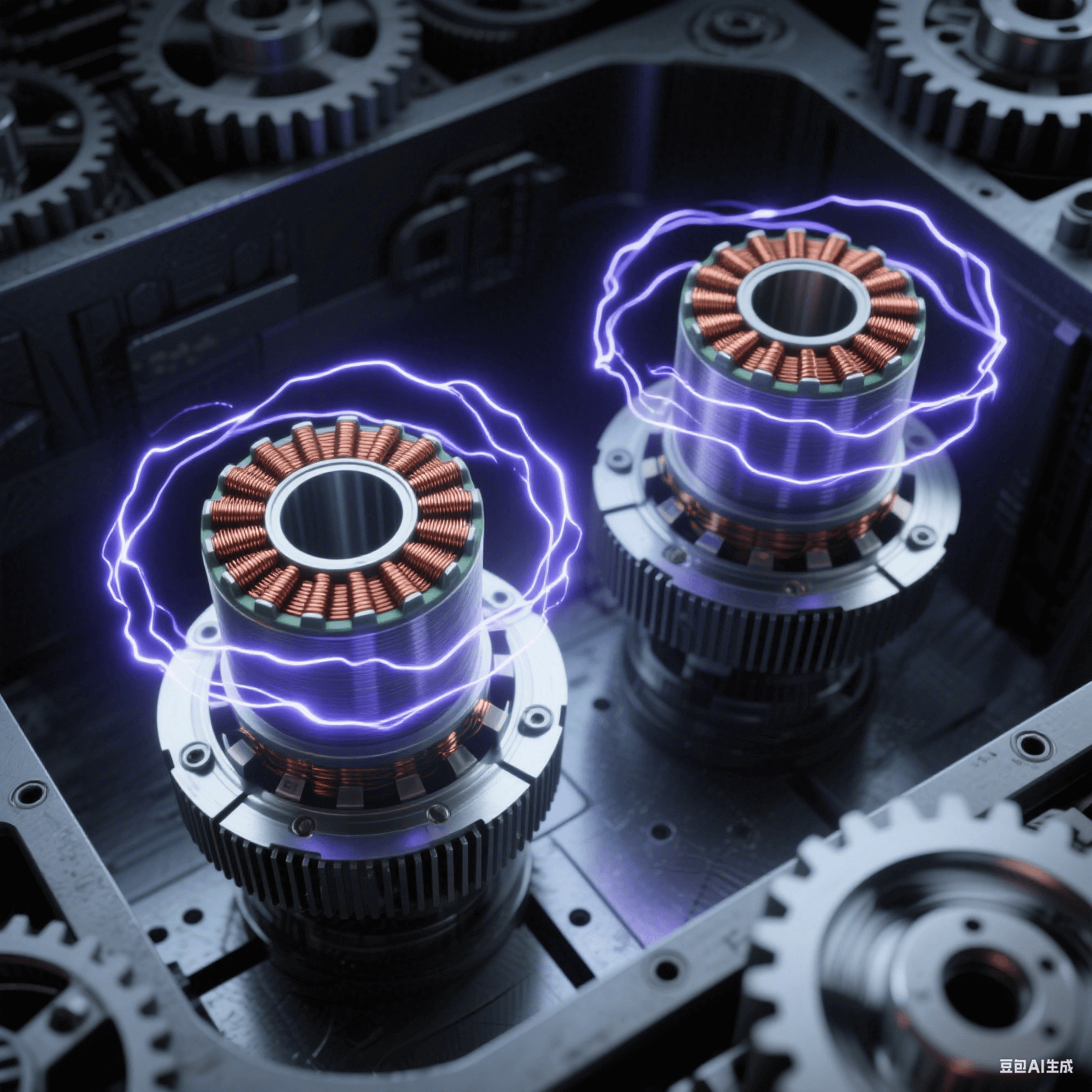 深灰機(jī)床腔體內(nèi)的PCB 線圈板諧振供電系統(tǒng)，兩枚同心銅線圈懸浮，初級(jí)線圈帶散熱鰭片，次級(jí)線圈旋轉(zhuǎn)形成殘影光環(huán)，間隙躍動(dòng)藍(lán)紫電弧，電磁場(chǎng)呈靛藍(lán)漩渦狀包裹設(shè)備。