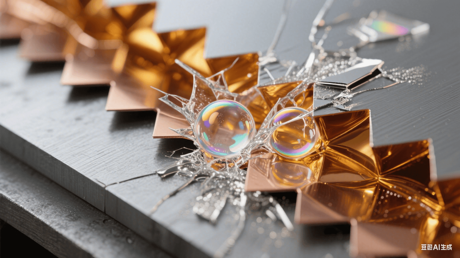微距俯視：鋸齒狀銅箔縫隙中金色樹脂擠壓氣泡爆裂，碎片化納米銀霧，殘腔邊緣形成虹彩浸潤環(huán)，熱壓板投射幾何陰影