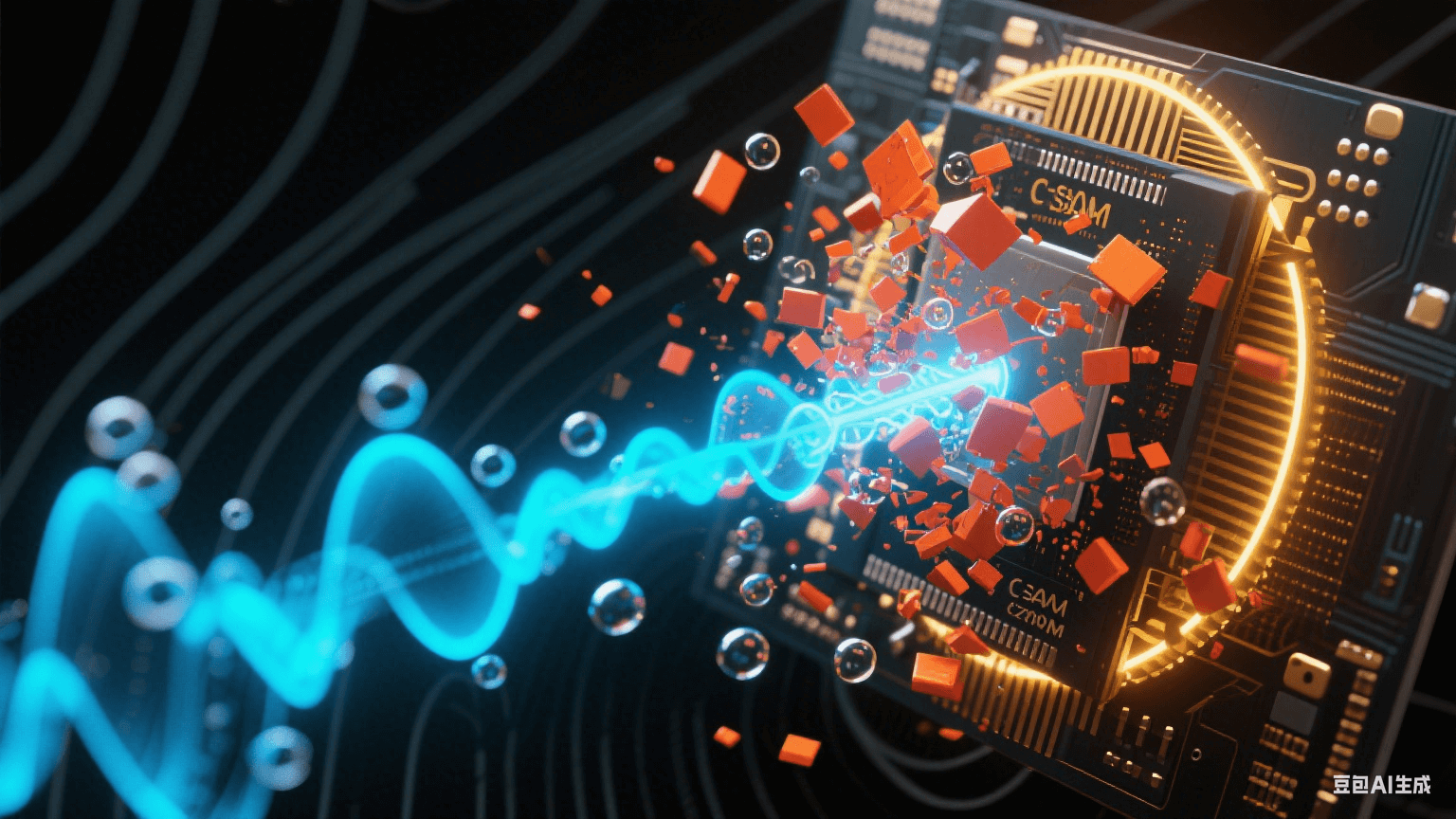 抽象聲波場：藍(lán)色超聲波束穿透PCB層壓結(jié)構(gòu)，橙紅氣泡群碎裂成微粒后被金色共振環(huán)溶解，黑色基材表面浮現(xiàn)聲波干涉紋