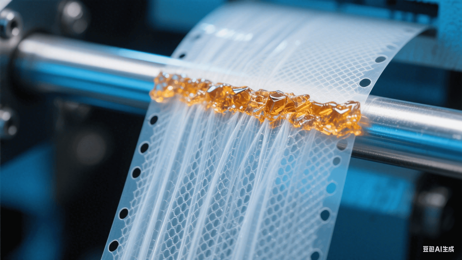 特寫多孔離型膜截面：銀白氣體流柱穿透薄膜網(wǎng)格，孔緣凝固琥珀樹脂晶體，背景液壓桿泛冷藍(lán)金屬反光