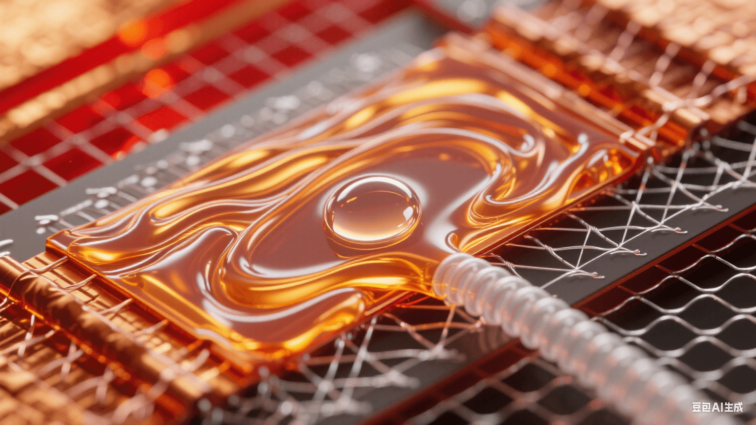 顯微穿透鏡頭：熔融琥珀樹脂層中氣泡被真空力拉伸成淚滴形態(tài)，尾部銀白氣流螺旋逃逸，高溫銅箔泛紅金光暈，玻璃纖維網(wǎng)格間可見氣體逸出路徑