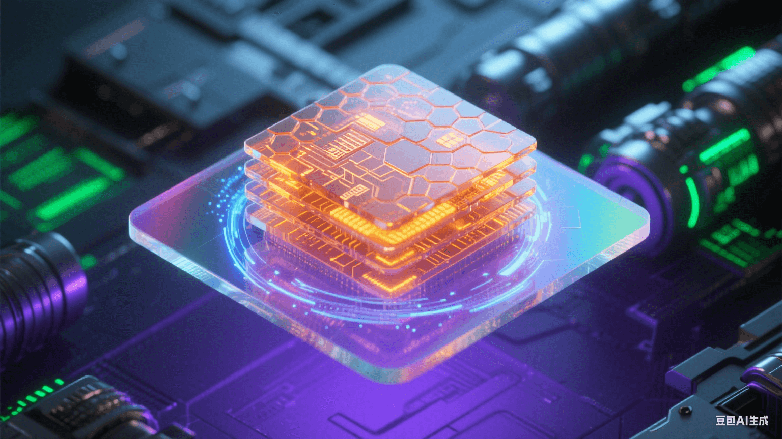 懸浮于紫色電磁場(chǎng)的半透明虹彩電路基板，琥珀態(tài)陶瓷膠包裹發(fā)橙光線路，蜂窩狀屏蔽腔外環(huán)繞藍(lán)白粒子漩渦，虛化CT金屬部件與熒光綠數(shù)據(jù)流交織