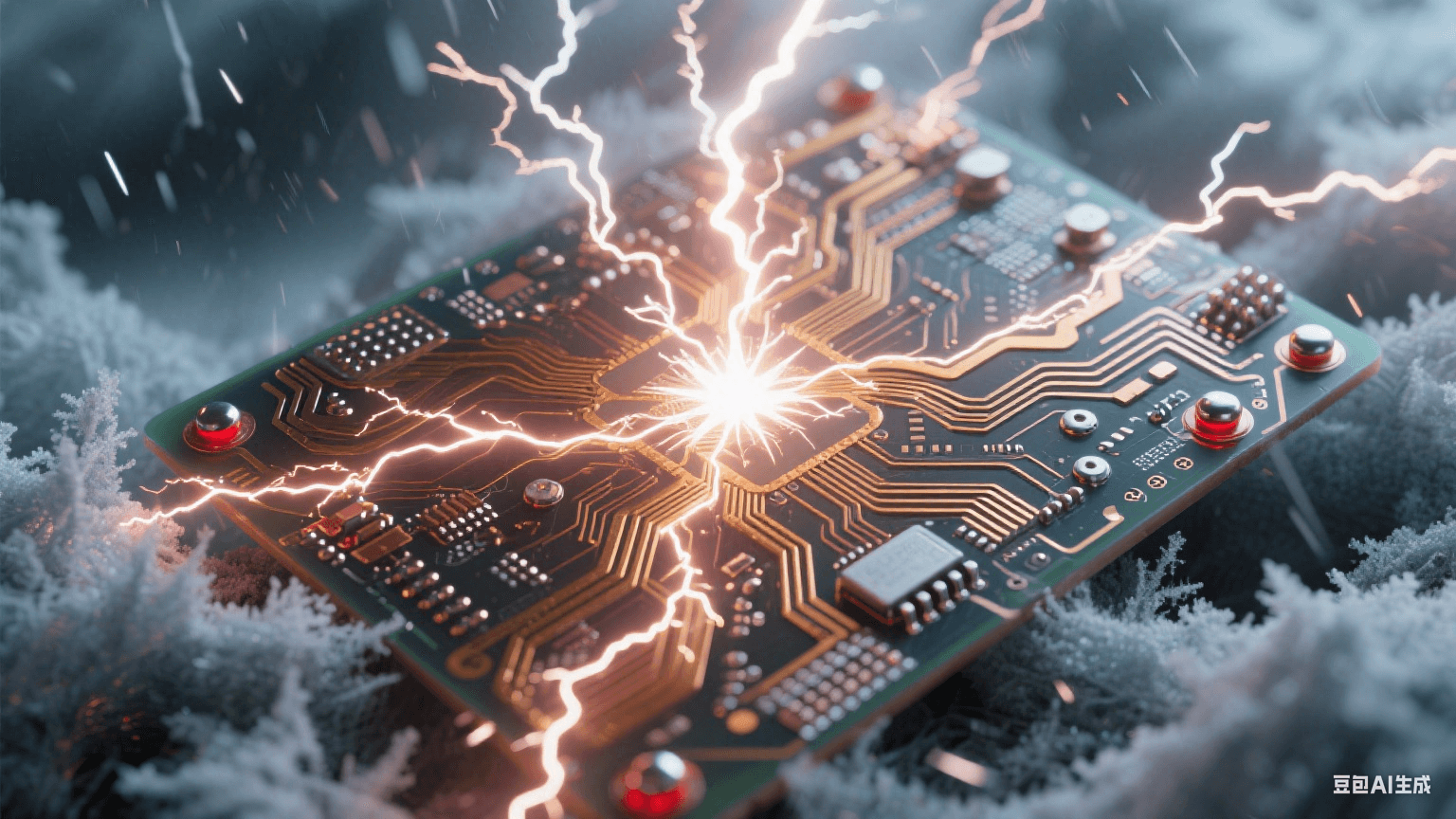 冰風(fēng)暴中的除顫器電路：樹狀金色電弧貫穿覆霜基板，星爆白光點(diǎn)亮冗余切換點(diǎn)，液態(tài)納米焊珠在-40℃環(huán)境中流動(dòng)，紅色應(yīng)急微光穿透玻璃纖維織構(gòu)