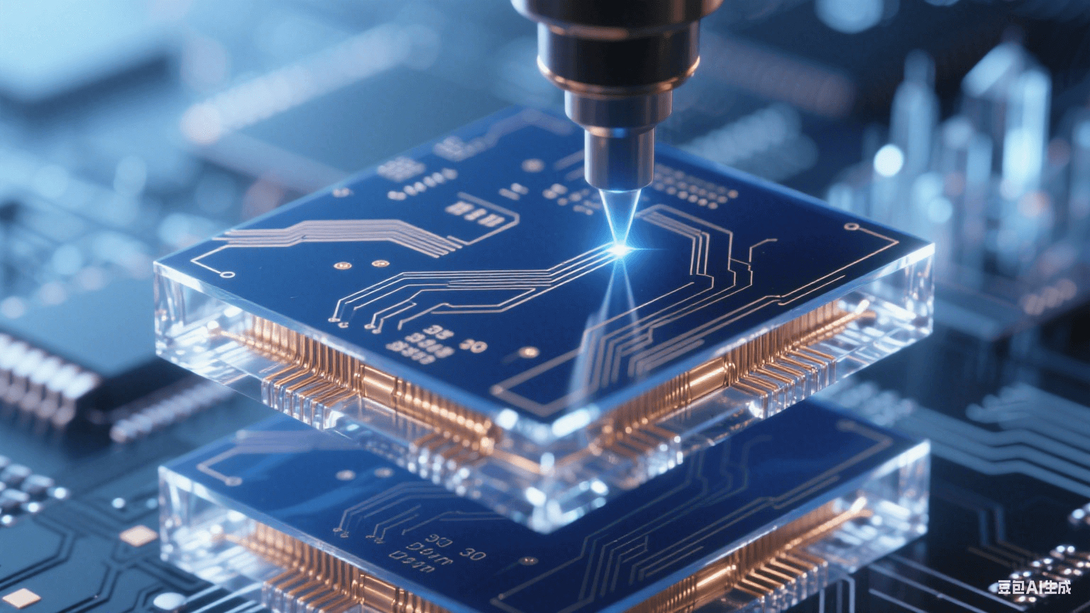 紫外激光束在深藍(lán)感光層繪制30μm線寬精密電路，鎏金銅線側(cè)壁呈85°陡直切面，邊緣反射冷白光，背景中多層電路板如水晶城懸浮
