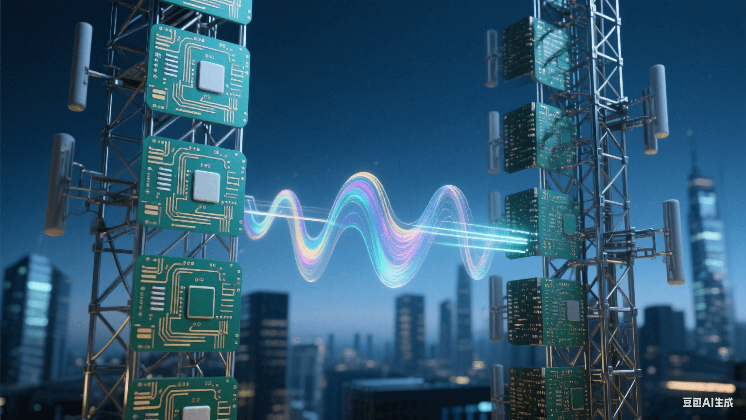 未來(lái)主義蜂窩基站，深藍(lán)暮光中金屬網(wǎng)格結(jié)構(gòu)散發(fā)冷光，多層電路板含翡翠綠與鎏金走線，半透明高頻材質(zhì)折射虹彩，電磁波脈沖懸浮，搭配光纖質(zhì)感與陶瓷基板紋理，背景為虛化城市輪廓