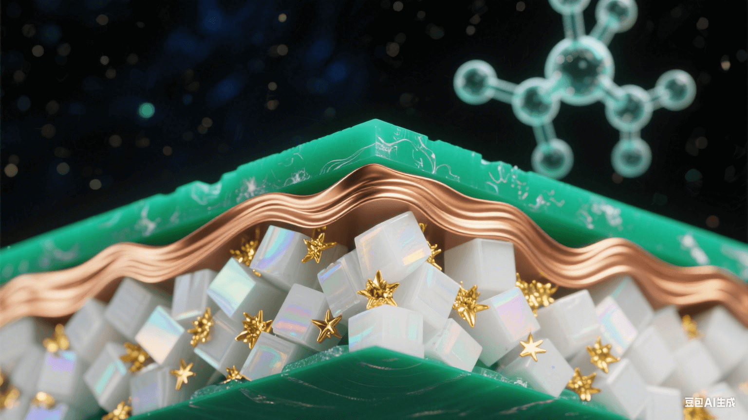 納米級(jí)高頻材料橫截面顯微圖，陶瓷填充PTFE基材形成翡翠綠與珍珠白晶體，黃金色導(dǎo)電粒子如星云散布，覆銅層呈熔金流體質(zhì)感，熱應(yīng)力波紋以虹彩漣漪呈現(xiàn)，背景懸浮柔光分子結(jié)構(gòu)模型