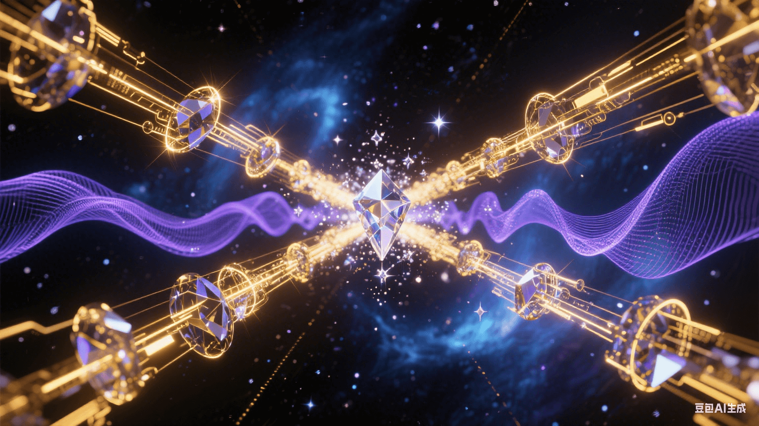 相位穩(wěn)定抽象科技藝術(shù)：水晶狀信號(hào)波束在暗宇宙精準(zhǔn)同步，黃金色電磁軌道平行延伸，藍(lán)紫色相位波紋穩(wěn)定擴(kuò)散，背景為量子藍(lán)與暗物質(zhì)黑漸變星云，光束交匯處有鉆石星塵特效