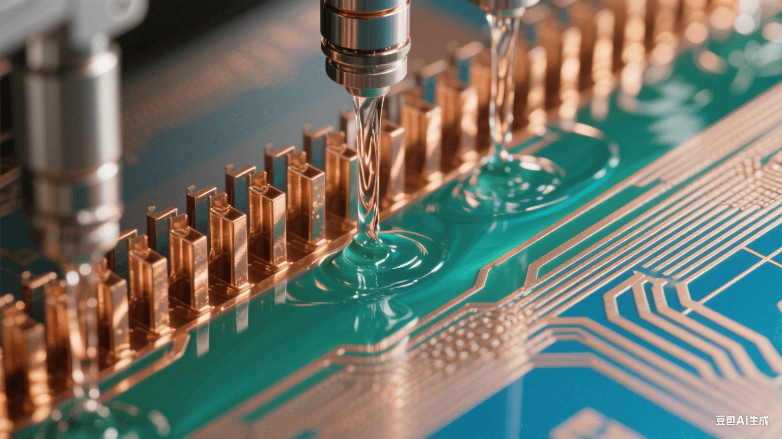 弱堿性蝕刻液流經(jīng)銅箔形成藍(lán)綠漸變流體場，微噴淋系統(tǒng)雕刻鏡面般金屬紋理（Ra≤0.1μm），顯微視角展現(xiàn)無鼠咬缺陷的熔金質(zhì)線路輪廓