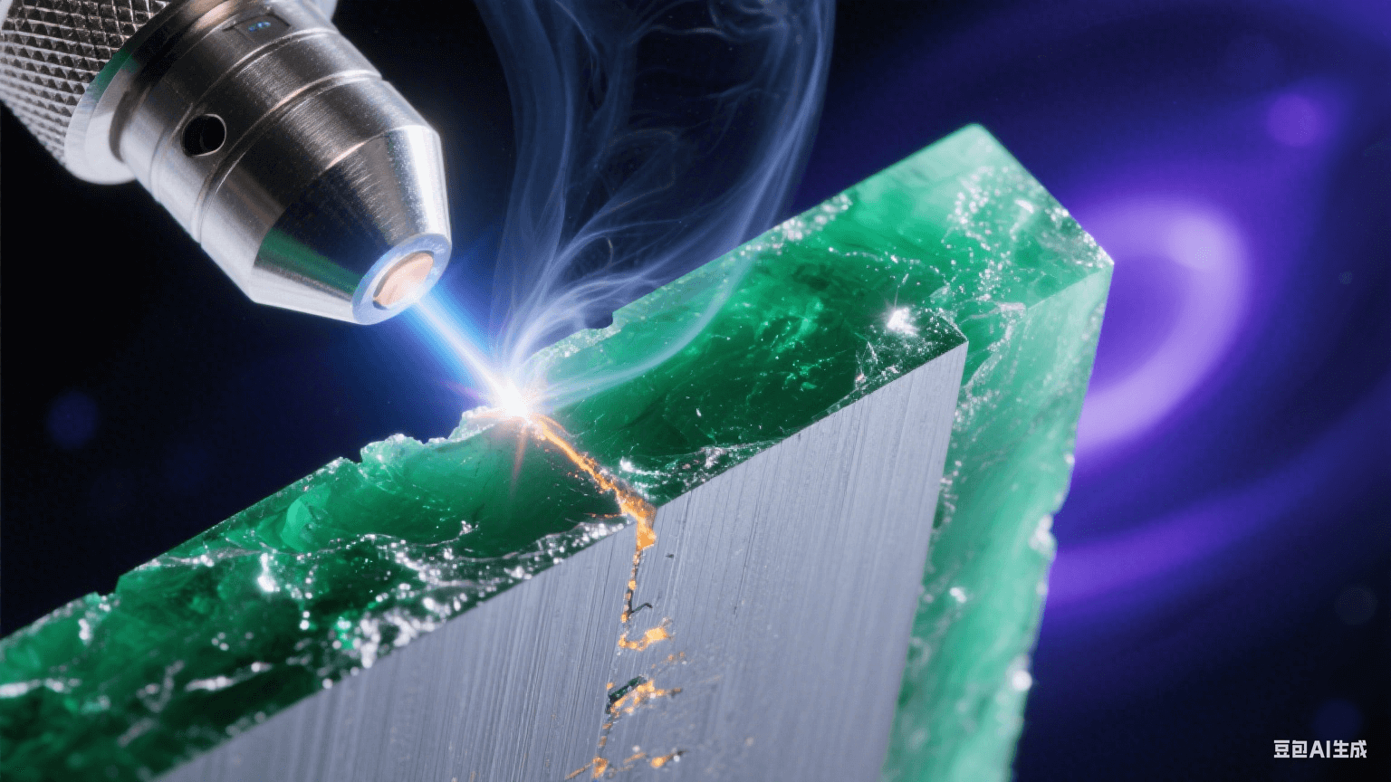 紫外激光束切割翡翠綠高頻基材，熔融邊緣泛水晶光澤，截面顯微視角顯示分子級光滑表面（Ra≤0.3μm），氮?dú)饫鋮s流吹散煙塵，深空背景中藍(lán)紫光斑與金屬冷光交織