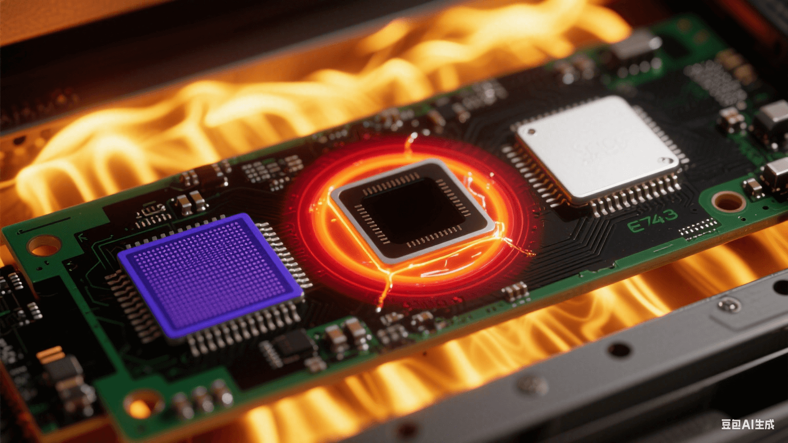 回流焊中 BGA 芯片三大缺陷熱成像：左下角虛焊（深藍(lán)低溫區(qū)）、右上角橋連（白熾熔融焊料）、中心空洞（紅黑環(huán)形熱梯度）