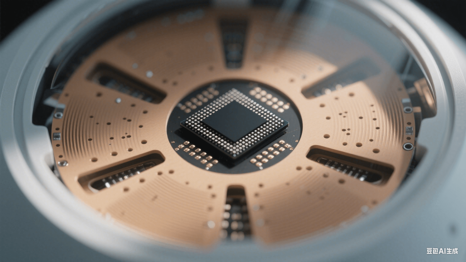 自動駕駛雷達內(nèi)部結(jié)構(gòu)：圓形主板中央有黑色芯片，周圍是淺棕色介質(zhì)波導(dǎo)（金屬過孔點陣如網(wǎng)格）