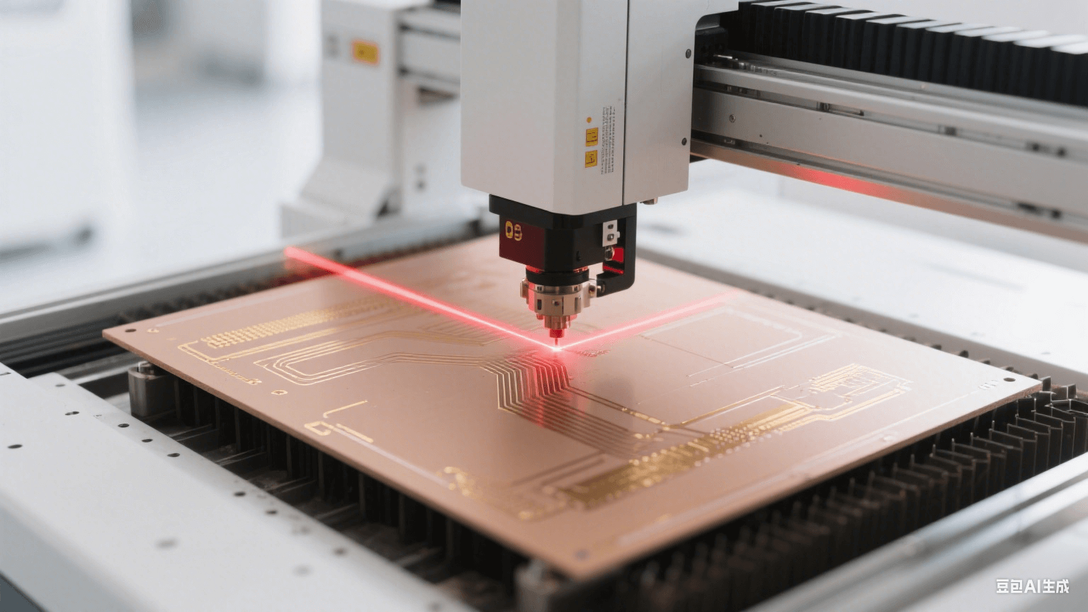 毫米波 PCB 制造場景：激光直繪設(shè)備用紅色激光加工淺棕色板材，表面有亮金色銅質(zhì)線路