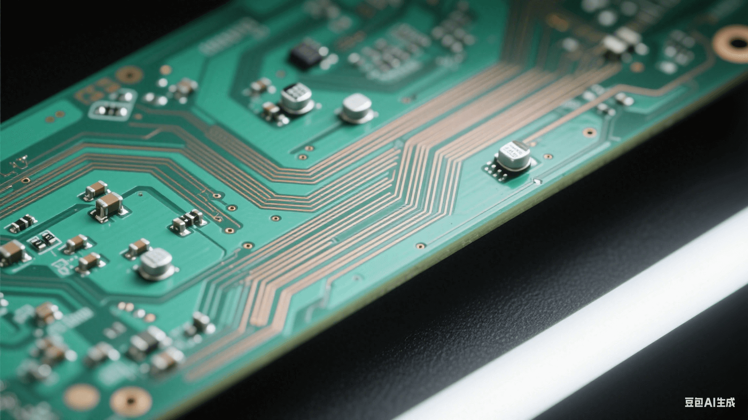 高性能計算芯片 PCB 板細節(jié)：淡綠色板體布滿纖細銅色差分傳輸線（轉(zhuǎn)折平滑）
