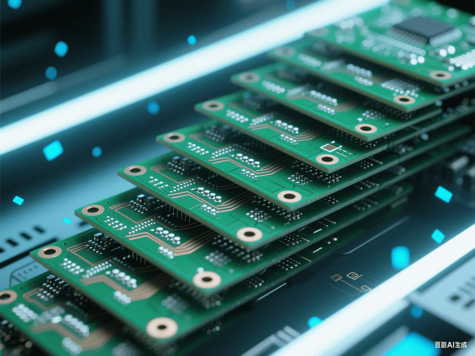 5G 基站內(nèi)部電路板局部，多塊 PCB 階梯狀堆疊，帶銀白色焊點與銅色走線，冷光下顯科技感