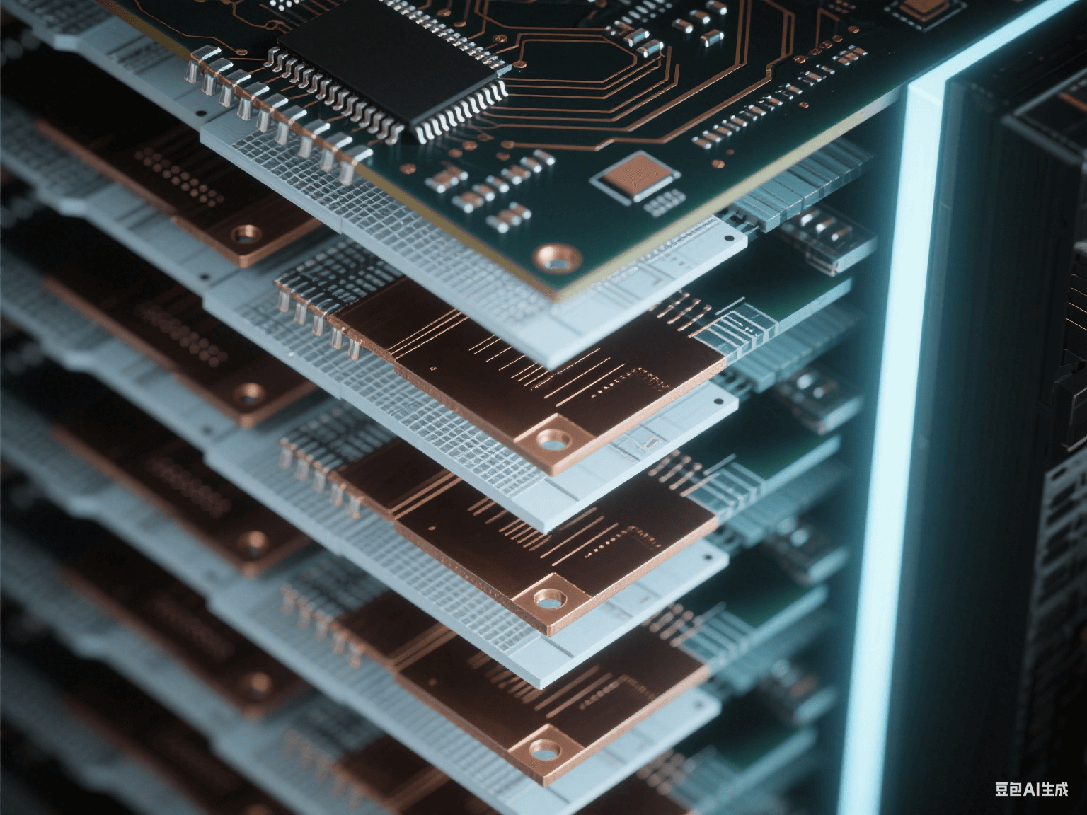 工業(yè)控制設(shè)備多層 PCB 垂直截面，8 層深淺交替結(jié)構(gòu)，帶傾斜金屬化通孔，冷光下顯工業(yè)科技氛圍
