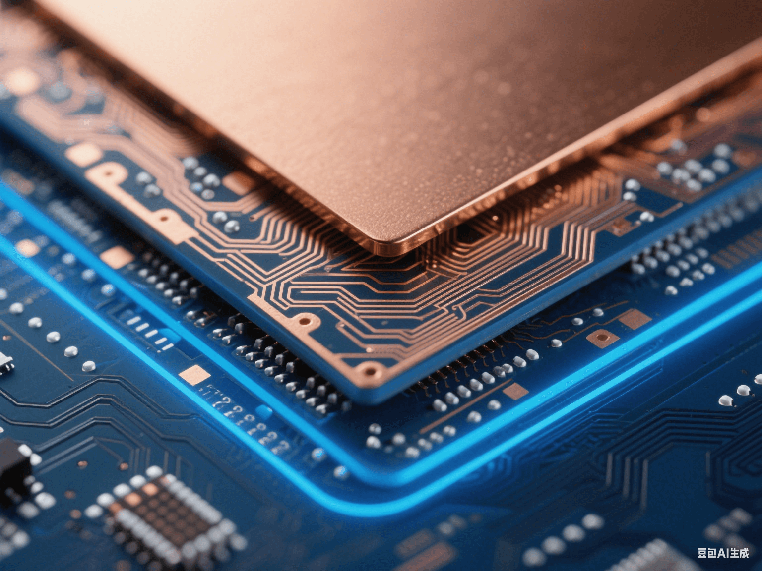 高速電路 PCB 信號層與電源層疊合，銅層帶細(xì)密走線，藍(lán)色背光下邊緣發(fā)光，顯層間結(jié)構(gòu)