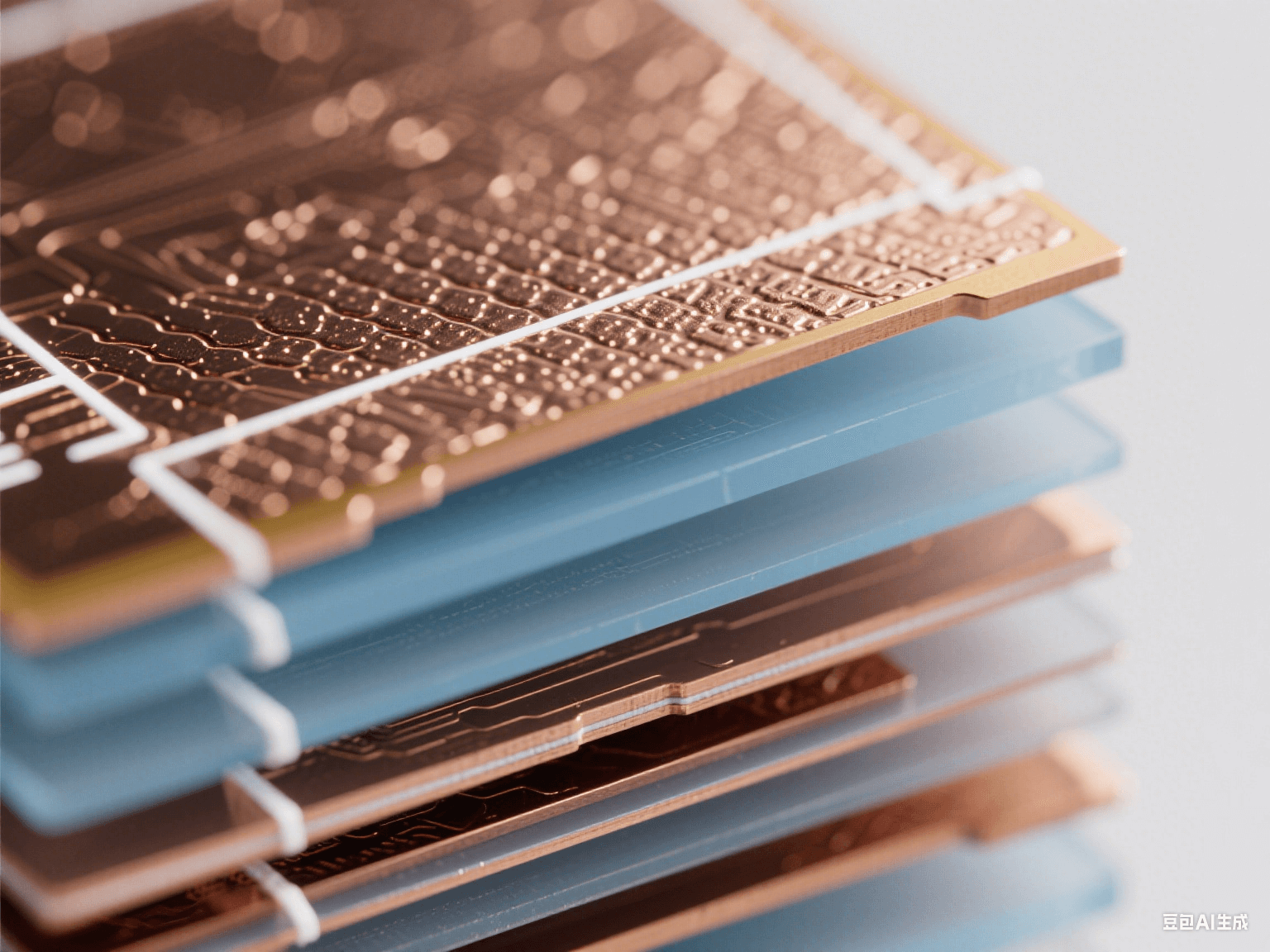 顯微鏡下 PCB 疊層細(xì)節(jié)，銅箔帶納米紋理，淡藍(lán)色半透明介質(zhì)層，頂光下顯微觀精密結(jié)構(gòu)