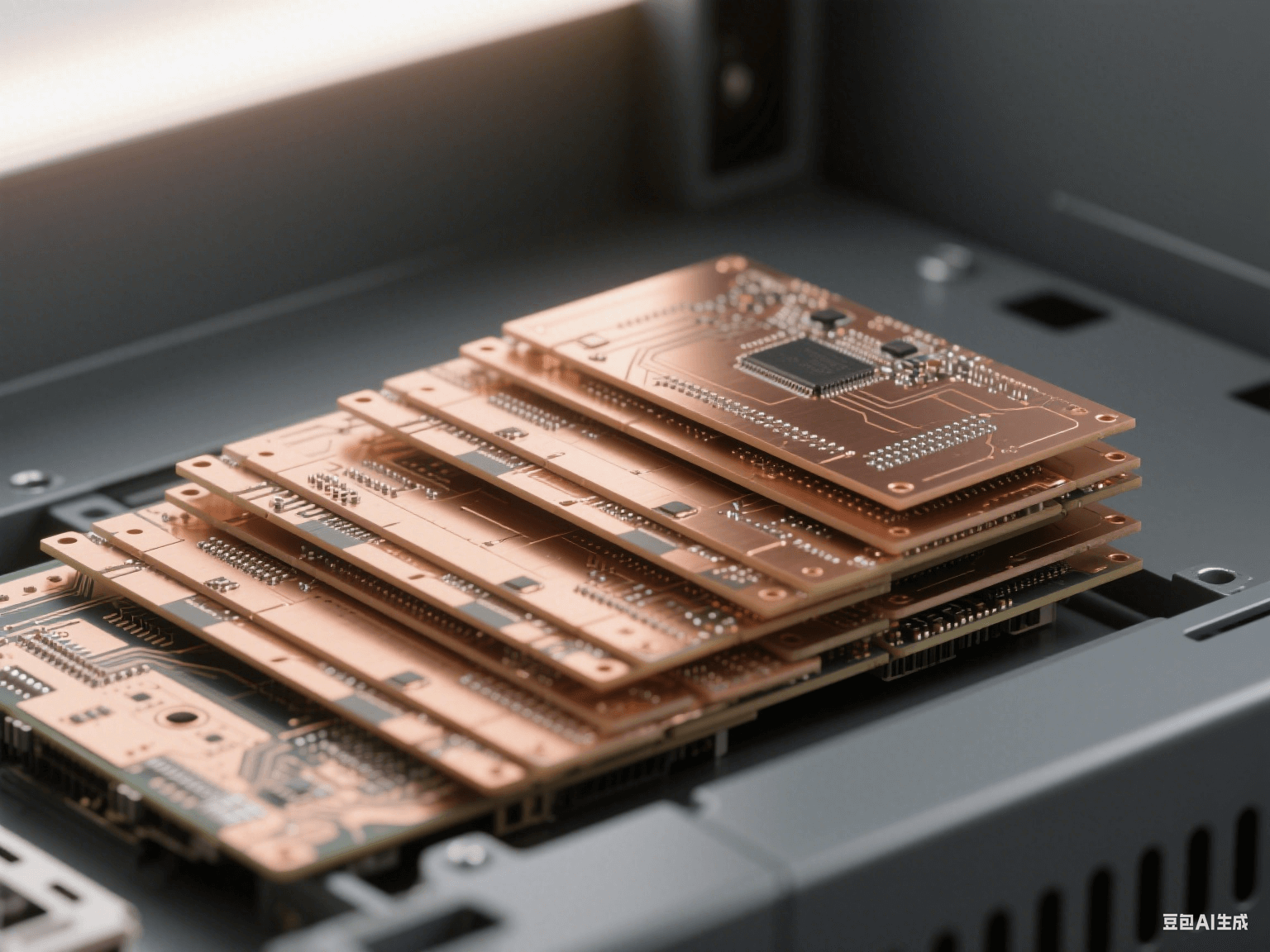 服務(wù)器機箱內(nèi) PCB 組件，多層水平排列，銅質(zhì)接地層側(cè)光反射，淺棕色介質(zhì)層顯層壓痕跡