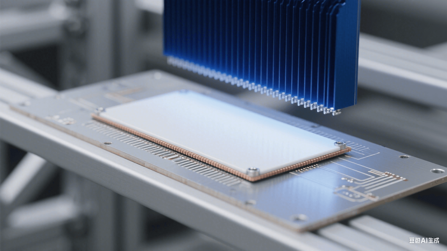 銀灰色鋁基板水平放置，表面覆白色陶瓷層，邊緣露出 0.5mm 銅箔線路；上方 3cm 懸深藍色散熱片，間有銀色導熱膏，頂部冷藍光形成銳利邊緣陰影