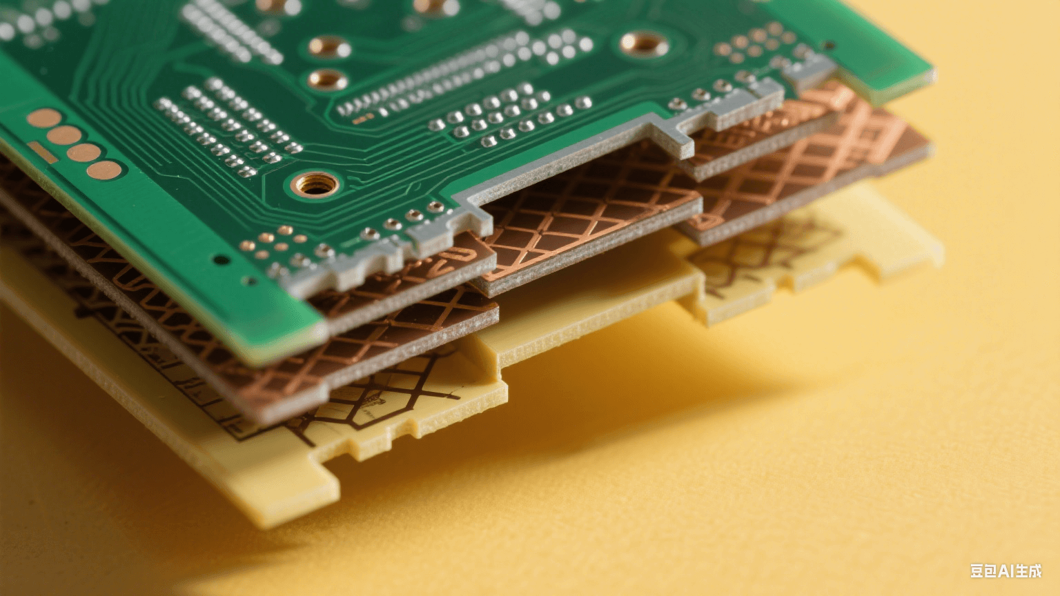 45° 傾斜多層 PCB，頂層深綠基板有 0.1mm 微孔（銀灰色金屬孔壁），中間層棕色半固化片埋孔與交錯銅箔網(wǎng)格，底層淺黃 FR-4 形成色彩對比，左側(cè)暖黃側(cè)光在層間投細長陰影