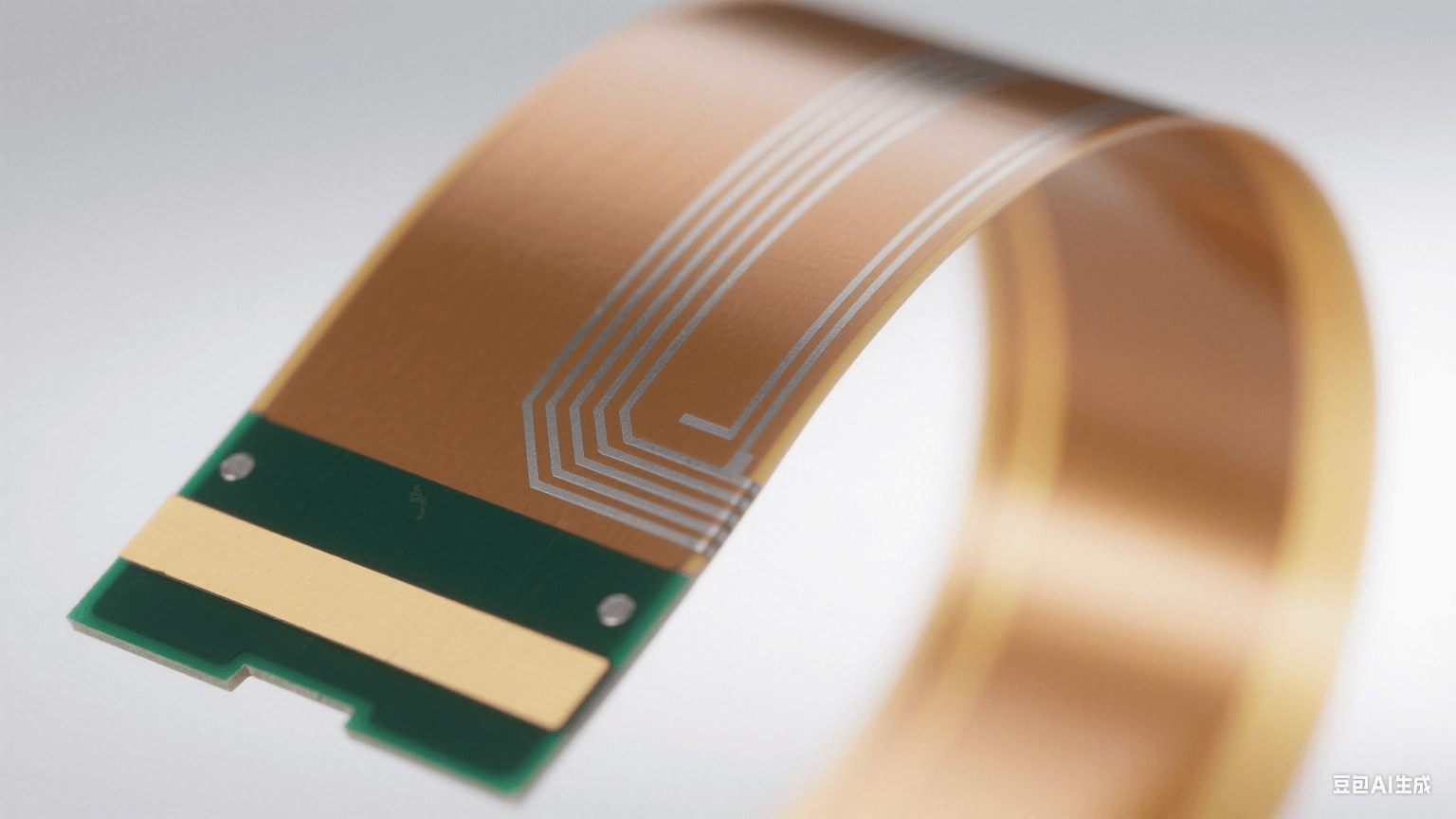 120° 彎曲的淺棕色 PI 薄膜表面有銀灰色銅箔線路（彎曲處連續(xù)），剛性部分為深綠色 FR-4，連接處有淺黃補強板