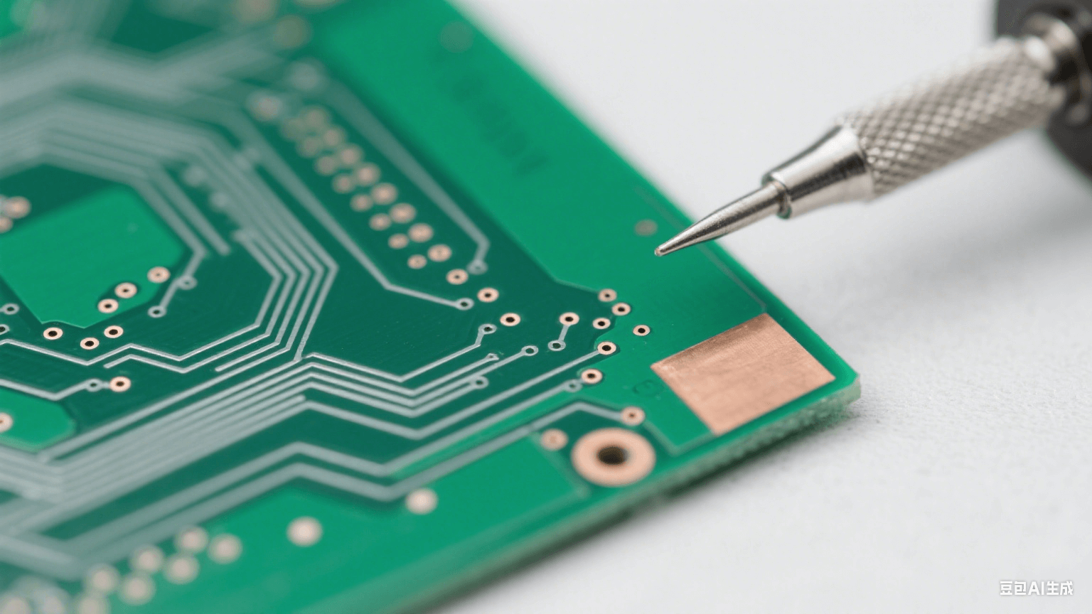 綠色 FR-4 基板上有銀灰色細密銅線路（邊緣光滑）與 0.05mm 微孔，一角露出羅杰斯 RO4000 淺棕色層壓結(jié)構，冷白光下銅箔反光，背景為虛化淺灰工作臺，磨砂金屬探針局部接觸基板