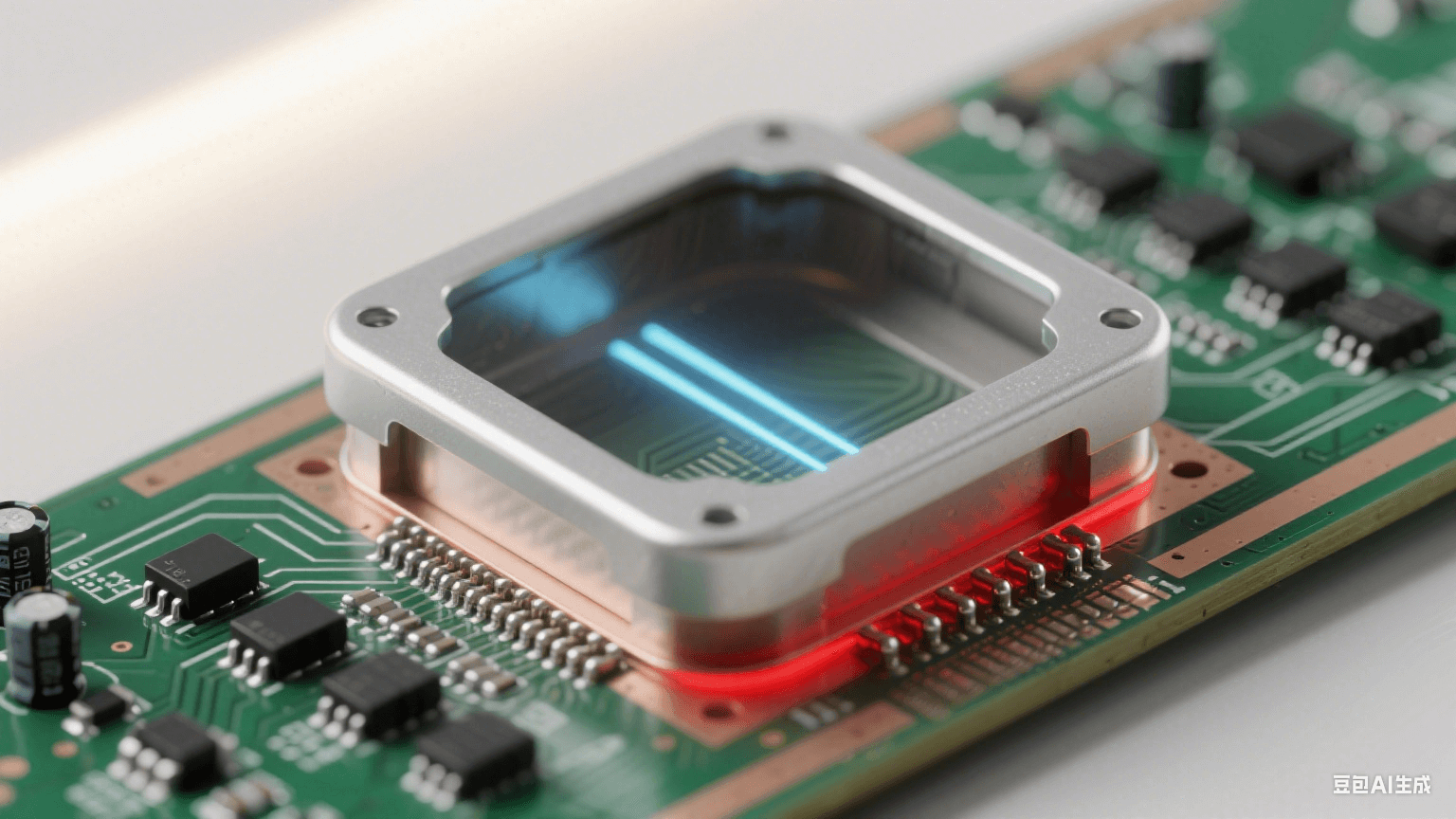 EMC 屏蔽與抗干擾：毫米波雷達(dá)板局部，銀灰色屏蔽罩封閉高頻區(qū)（底部與接地銅箔縫隙＜0.1mm），罩外深綠基板上有黑色高頻電容 / 磁珠陣列，銀灰線路與高頻線路被淺棕隔離帶分隔