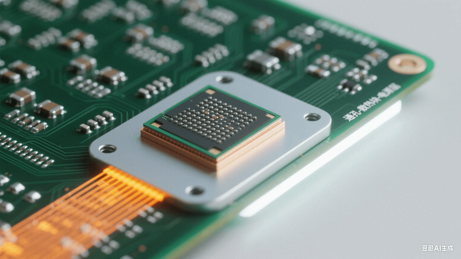 散熱設(shè)計(jì)細(xì)節(jié)：雷達(dá)板芯片區(qū)域特寫，深綠基板上有銀灰色散熱通孔陣列（孔內(nèi)填金屬），芯片下淺灰散熱塊與銀白銅質(zhì)電源層相連，橙黃色熱流光效從芯片沿路徑擴(kuò)散，冷白光右側(cè)照射形成高光