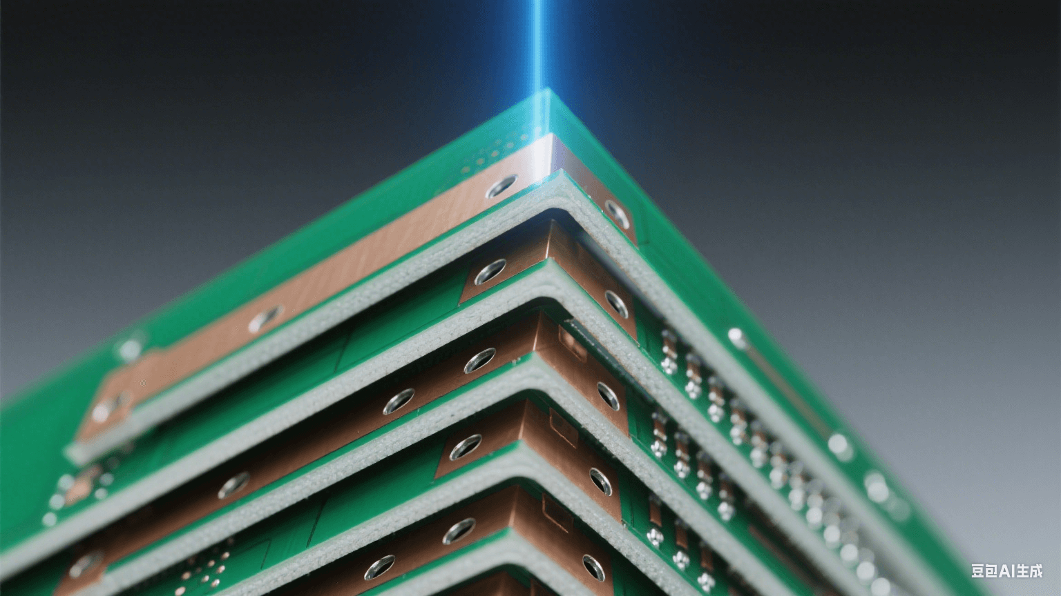 多層 HDI 結(jié)構(gòu)剖面：45° 角展示 8 層堆疊，深綠基板與銀白銅箔交替，層間棕色半固化片填充埋孔 / 盲孔，0.05mm 激光微孔孔壁鍍銀均勻，冷藍(lán)光垂直照射凸顯層間精密對準(zhǔn)（偏差＜5μm）