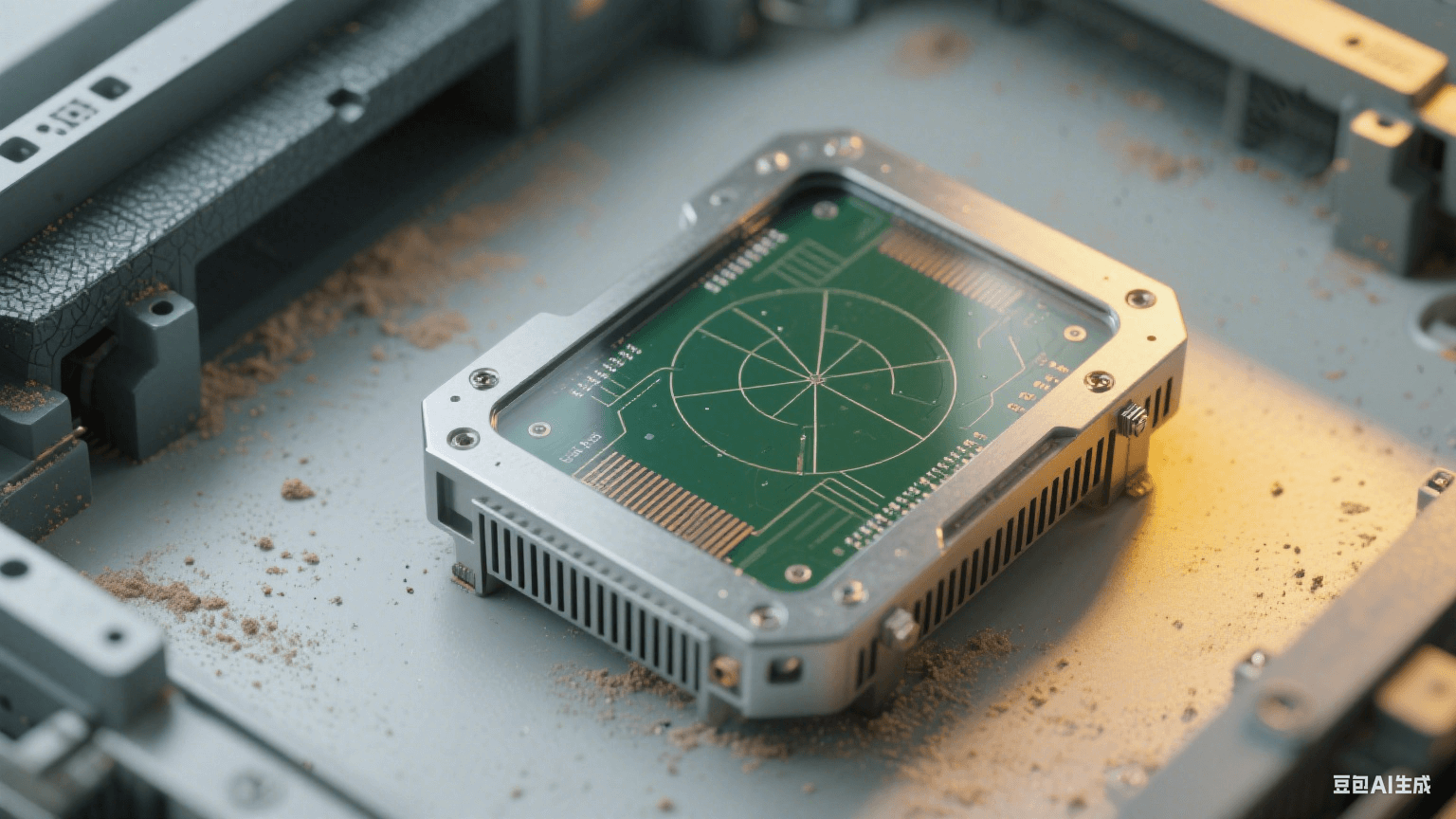 工業(yè)毫米波雷達(dá)板環(huán)境：深綠色雷達(dá)板傾斜嵌入淺灰設(shè)備，表面覆透明三防漆，銀灰色屏蔽罩帶接地彈片，周圍有細(xì)微粉塵顆粒，深灰金屬支架帶振動紋理