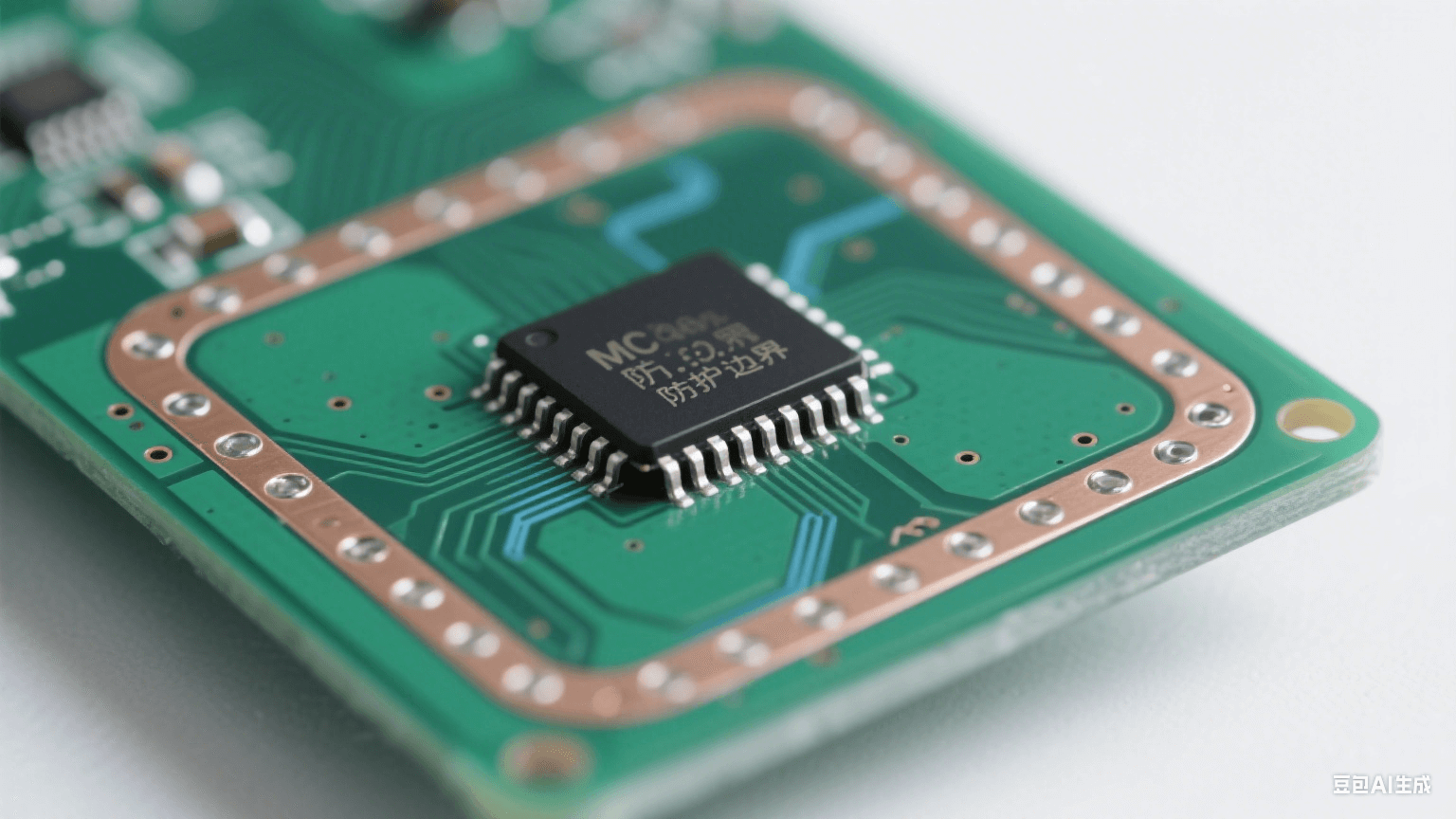 設(shè)計(jì)階段靜電防護(hù)：深綠色 PCB 邊緣有裸銅防護(hù)環(huán)與接地過(guò)孔，中央芯片引腳與銅皮間距大，短直銀線接地面泛淡藍(lán)光，冷白光照射顯精密